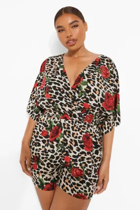 Plus Woven Leopard Rose Print Wrap Romper