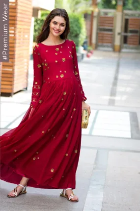 Premium Berry Chiffon Embroidered Maternity Dress