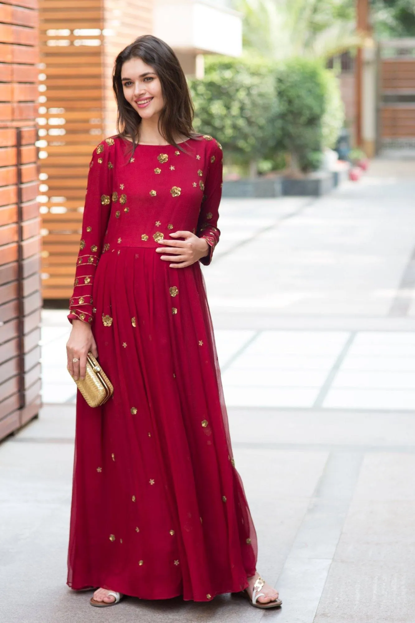 Premium Berry Chiffon Embroidered Maternity Dress