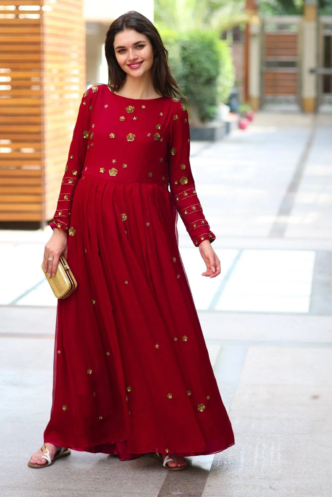 Premium Berry Chiffon Embroidered Maternity Dress