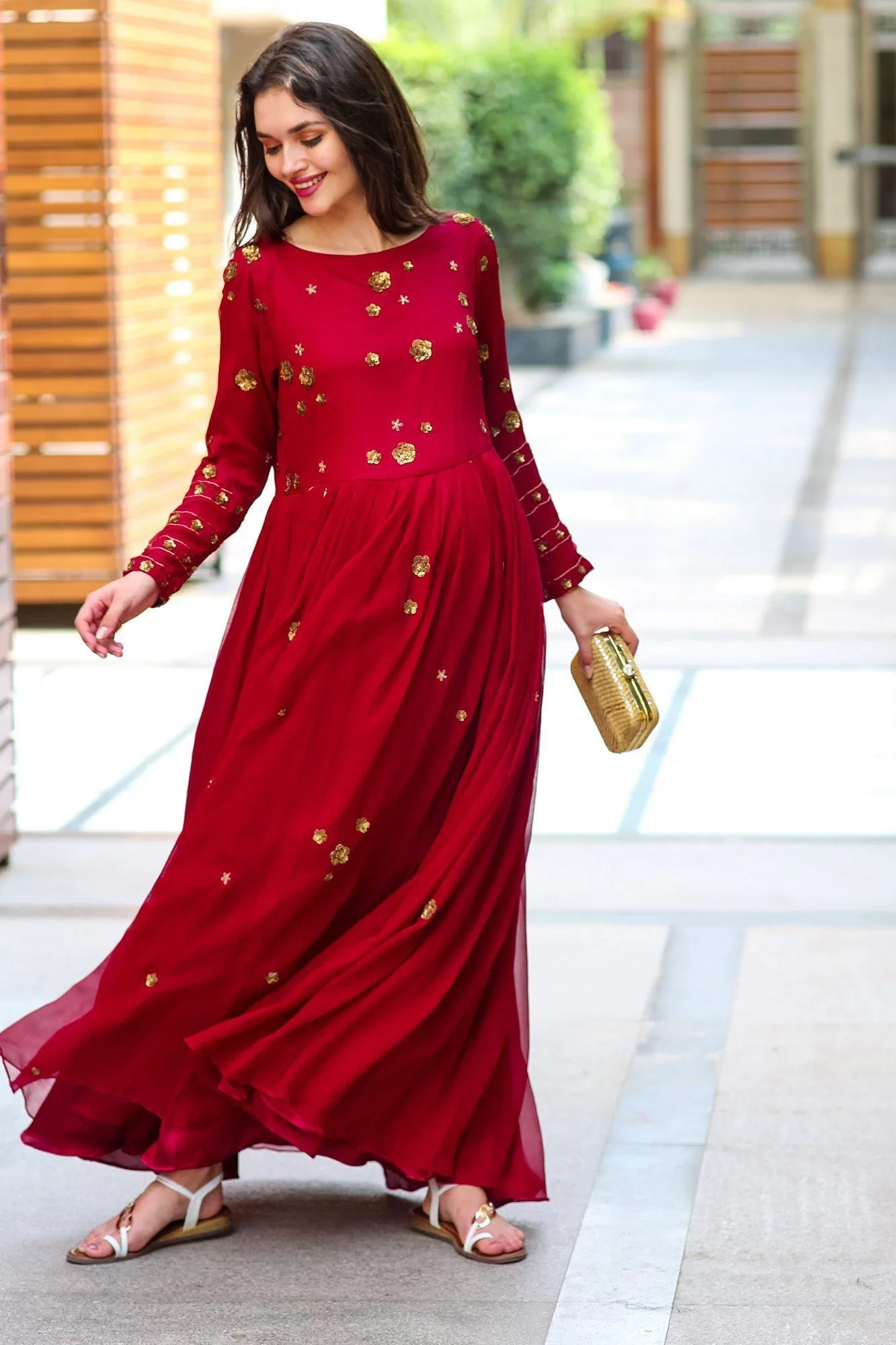 Premium Berry Chiffon Embroidered Maternity Dress