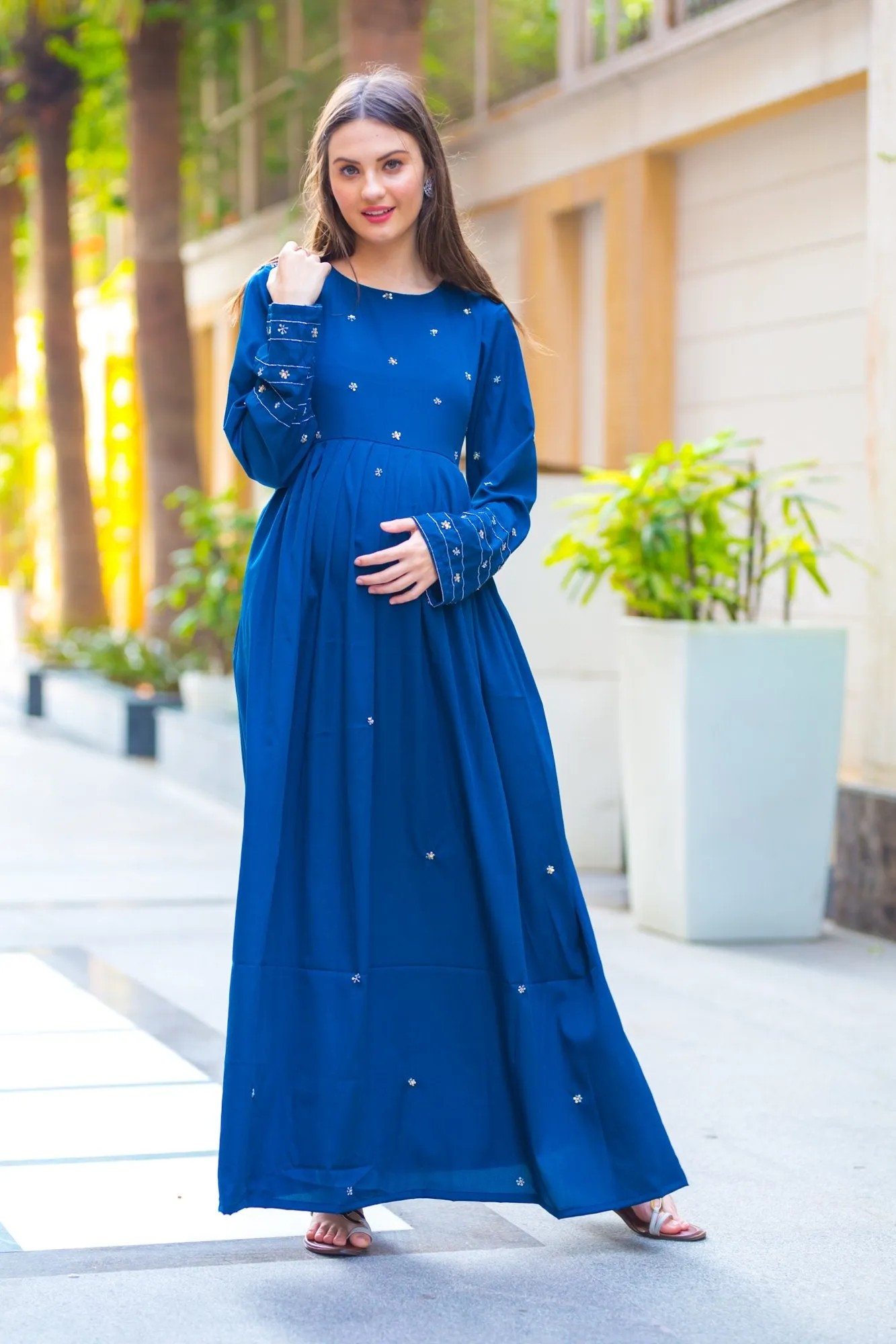 Premium Cobalt Blue Hand Embroidered  Maternity Dress