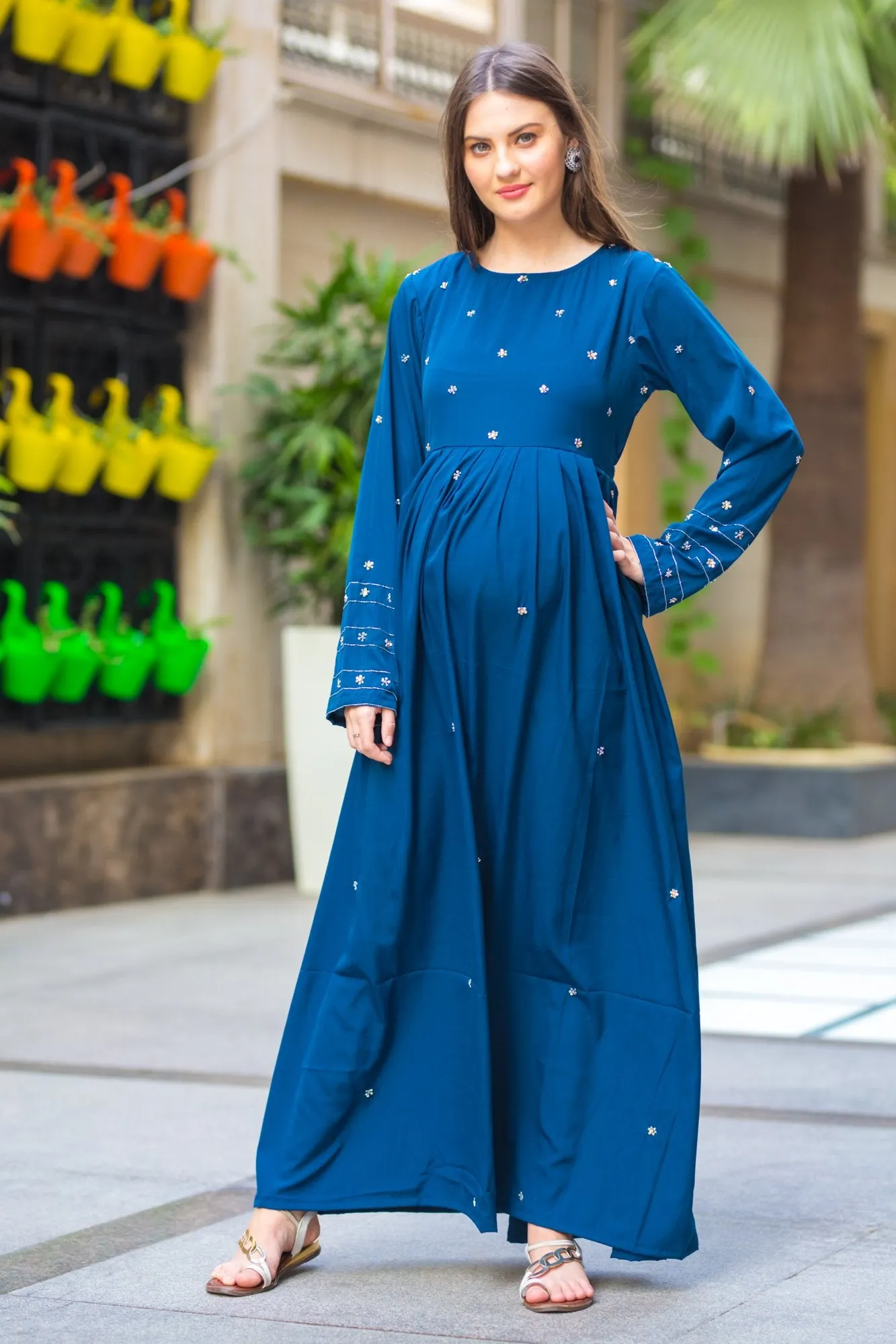 Premium Cobalt Blue Hand Embroidered  Maternity Dress