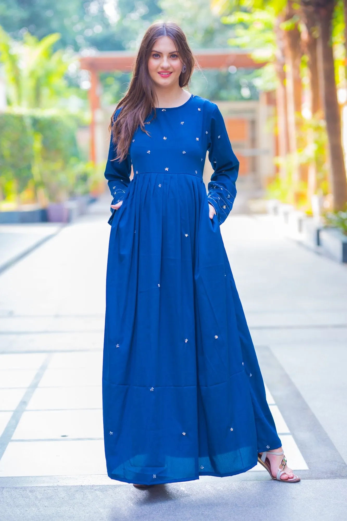 Premium Cobalt Blue Hand Embroidered  Maternity Dress