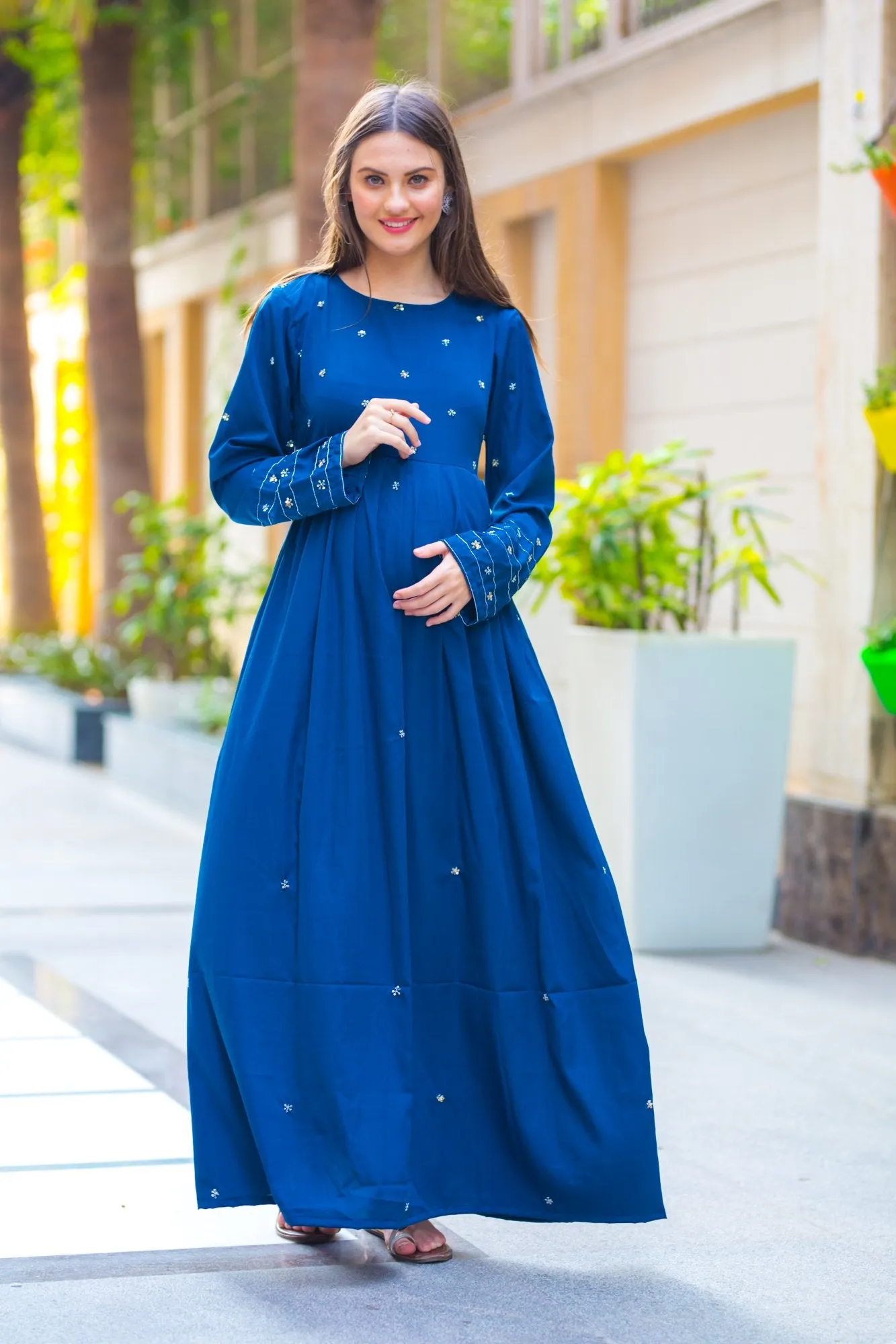 Premium Cobalt Blue Hand Embroidered  Maternity Dress