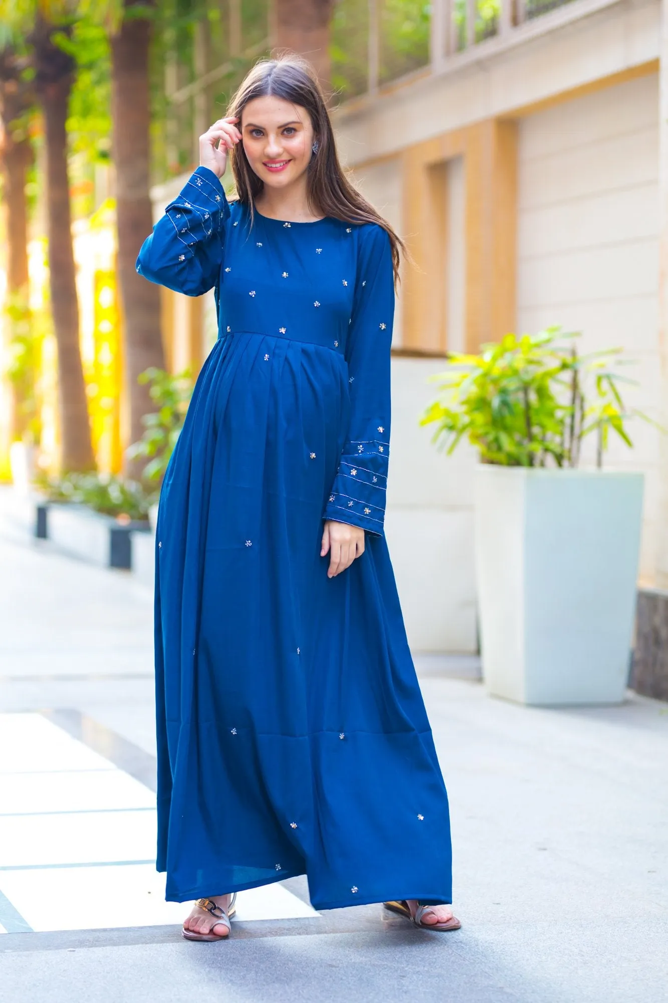 Premium Cobalt Blue Hand Embroidered  Maternity Dress