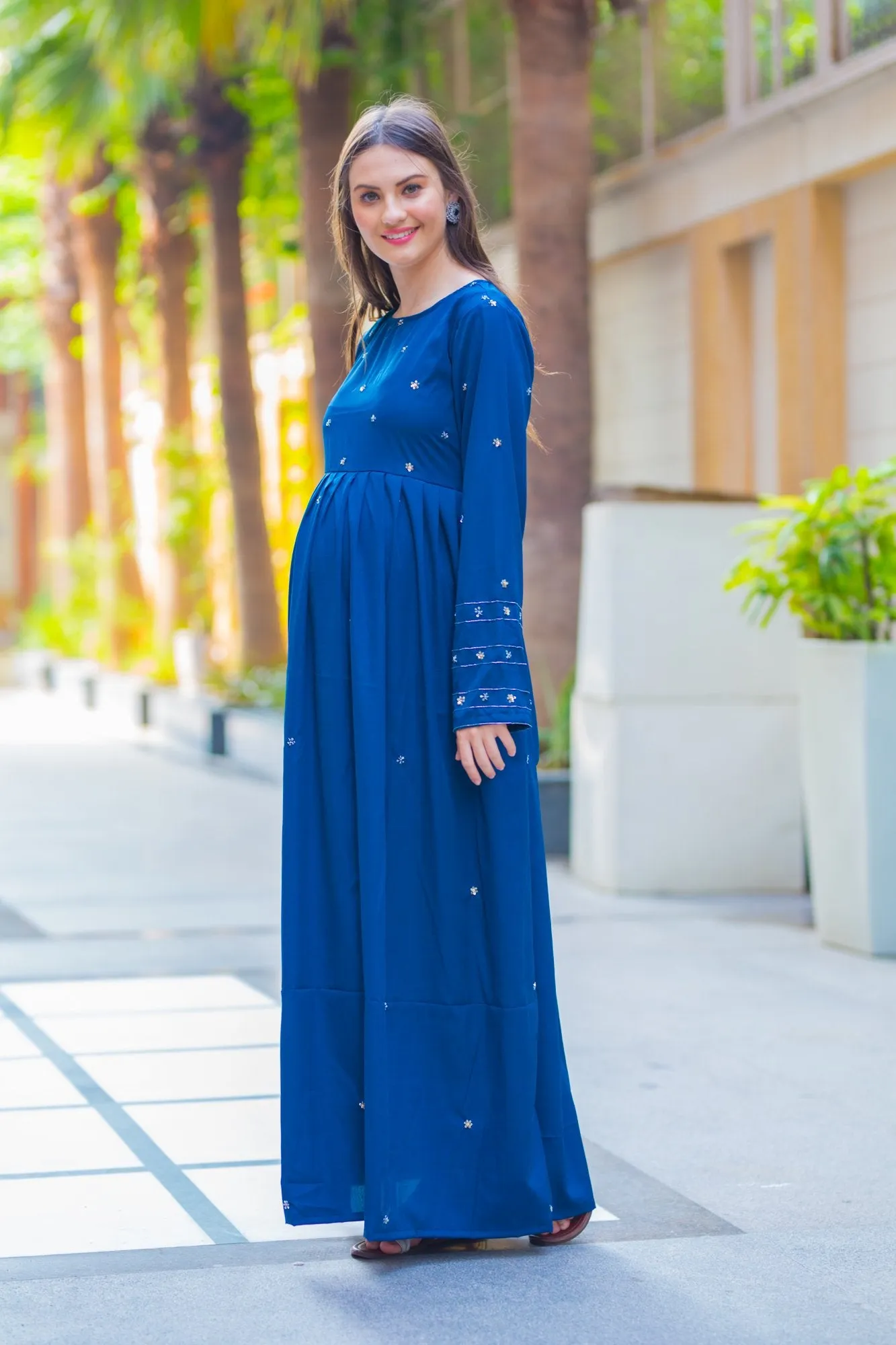 Premium Cobalt Blue Hand Embroidered  Maternity Dress