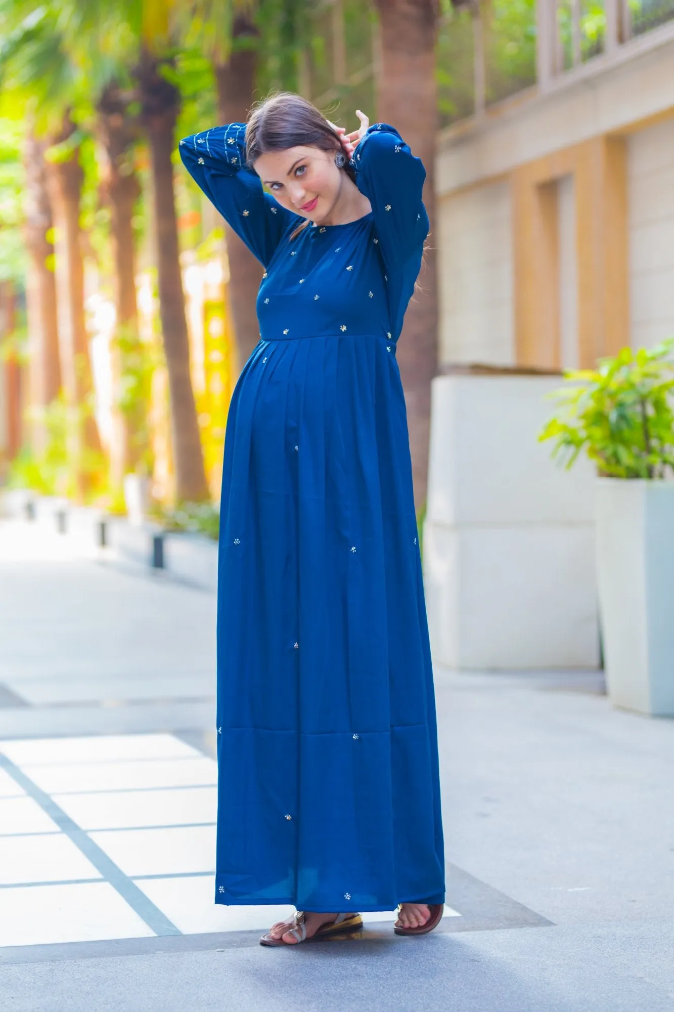 Premium Cobalt Blue Hand Embroidered  Maternity Dress