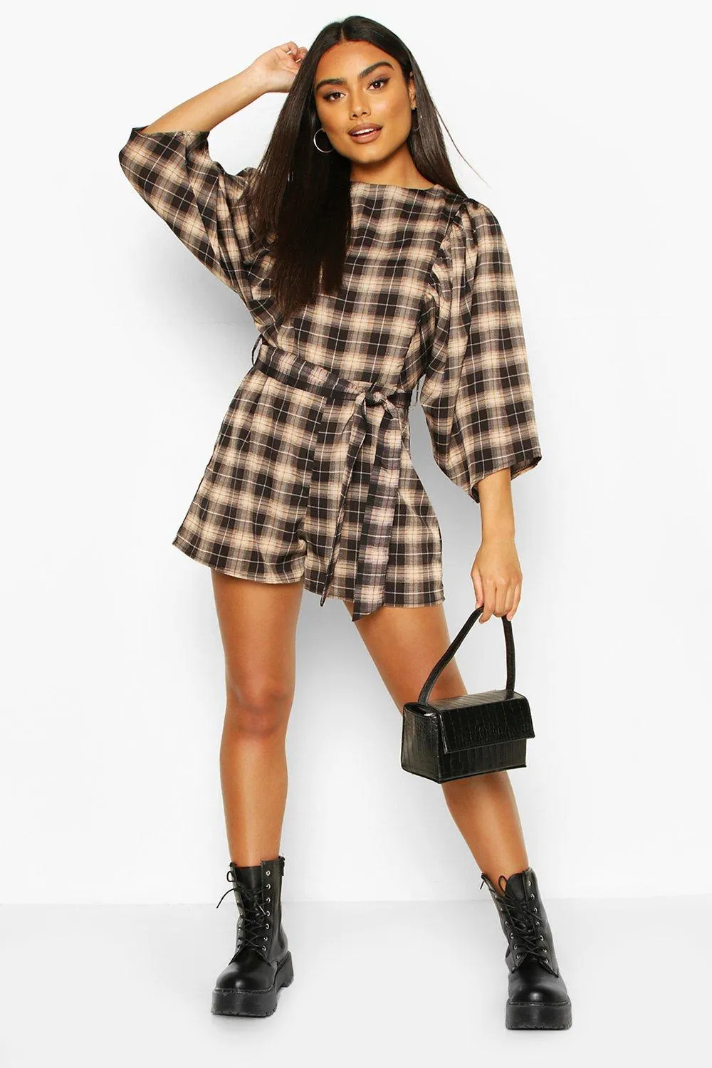 Puff Sleeve Check Romper