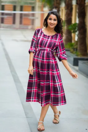 Raspberry Plaid Pintucks Maternity & Nursing Dress