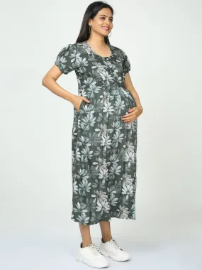 Rayon Maternity Feeding Dress Green