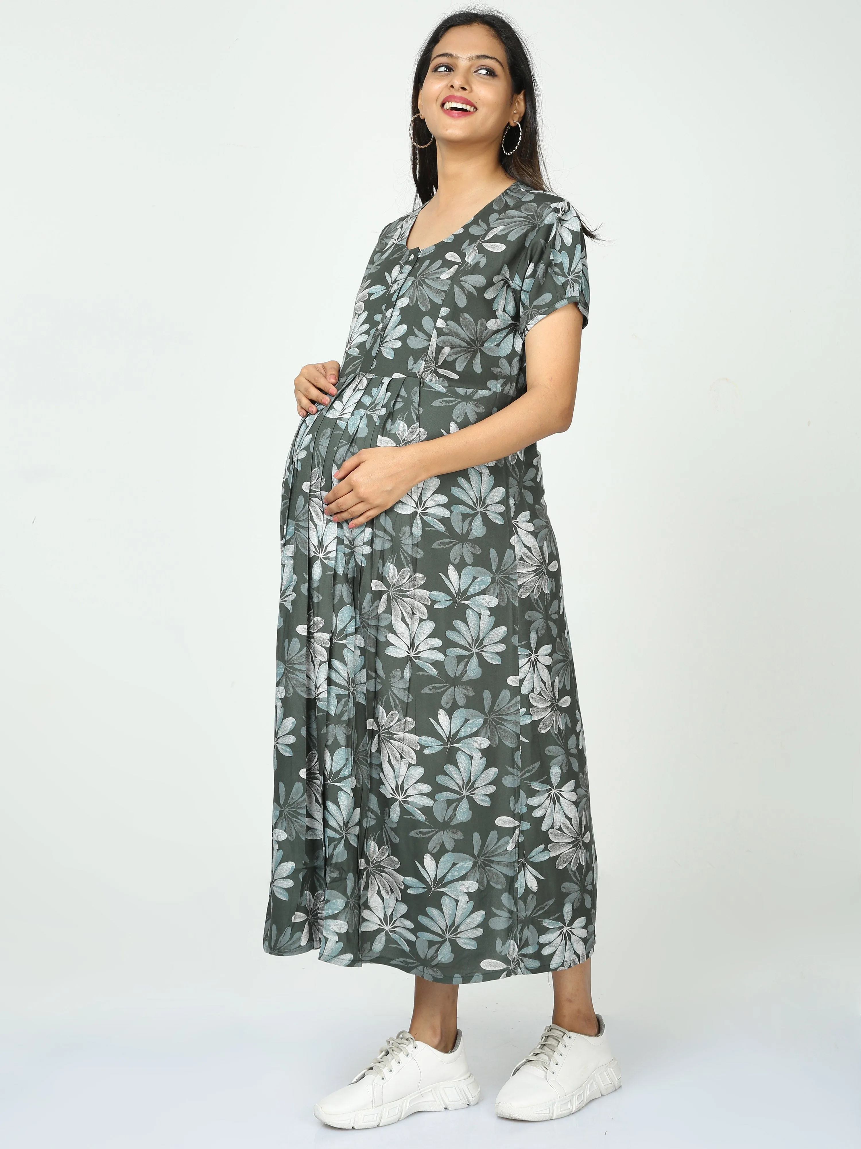 Rayon Maternity Feeding Dress Green