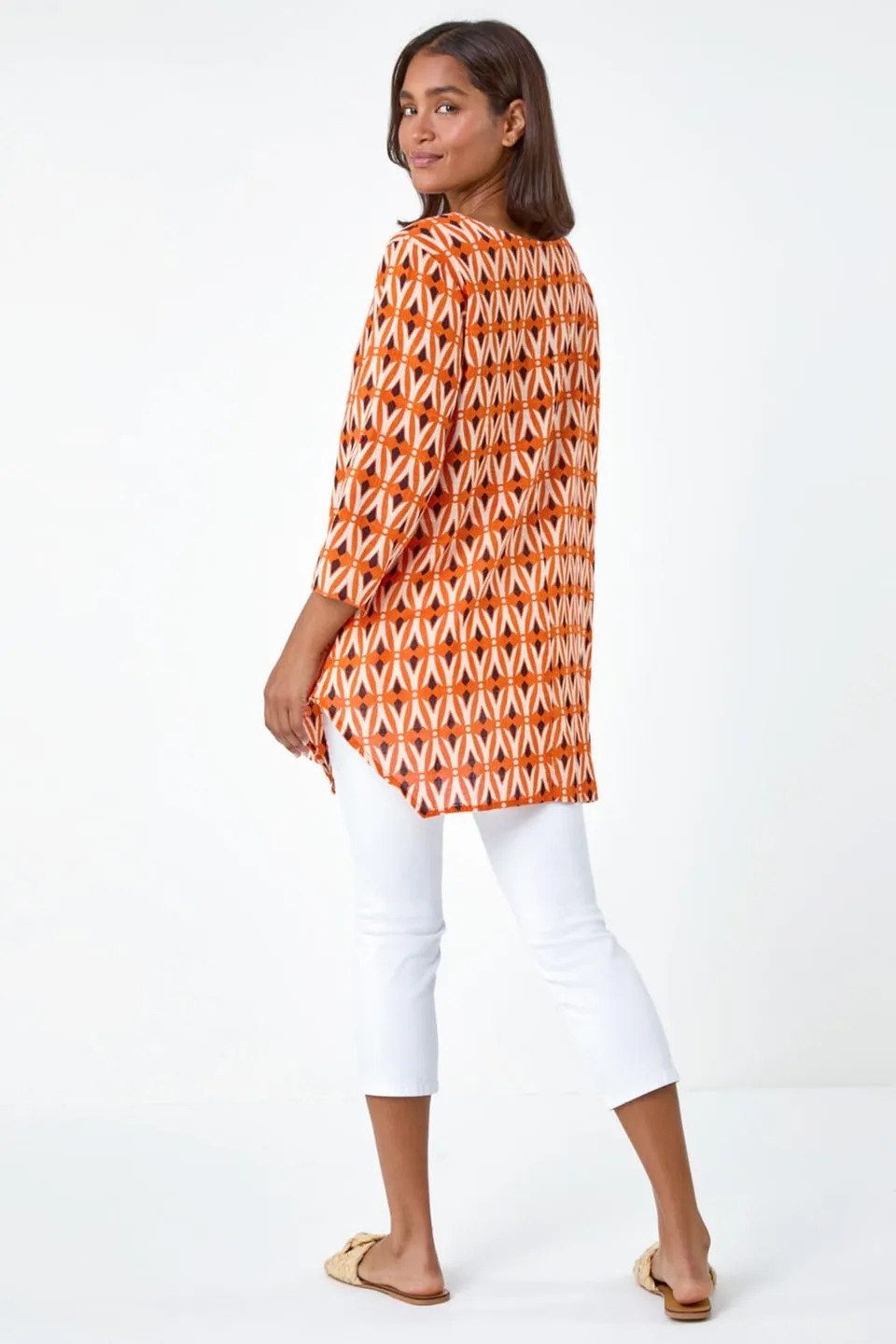 Roman Orange Cotton Geometric Pocket Longline Tunic Top