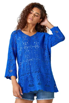 Roman Royal Blue Cotton Crochet Tunic Top