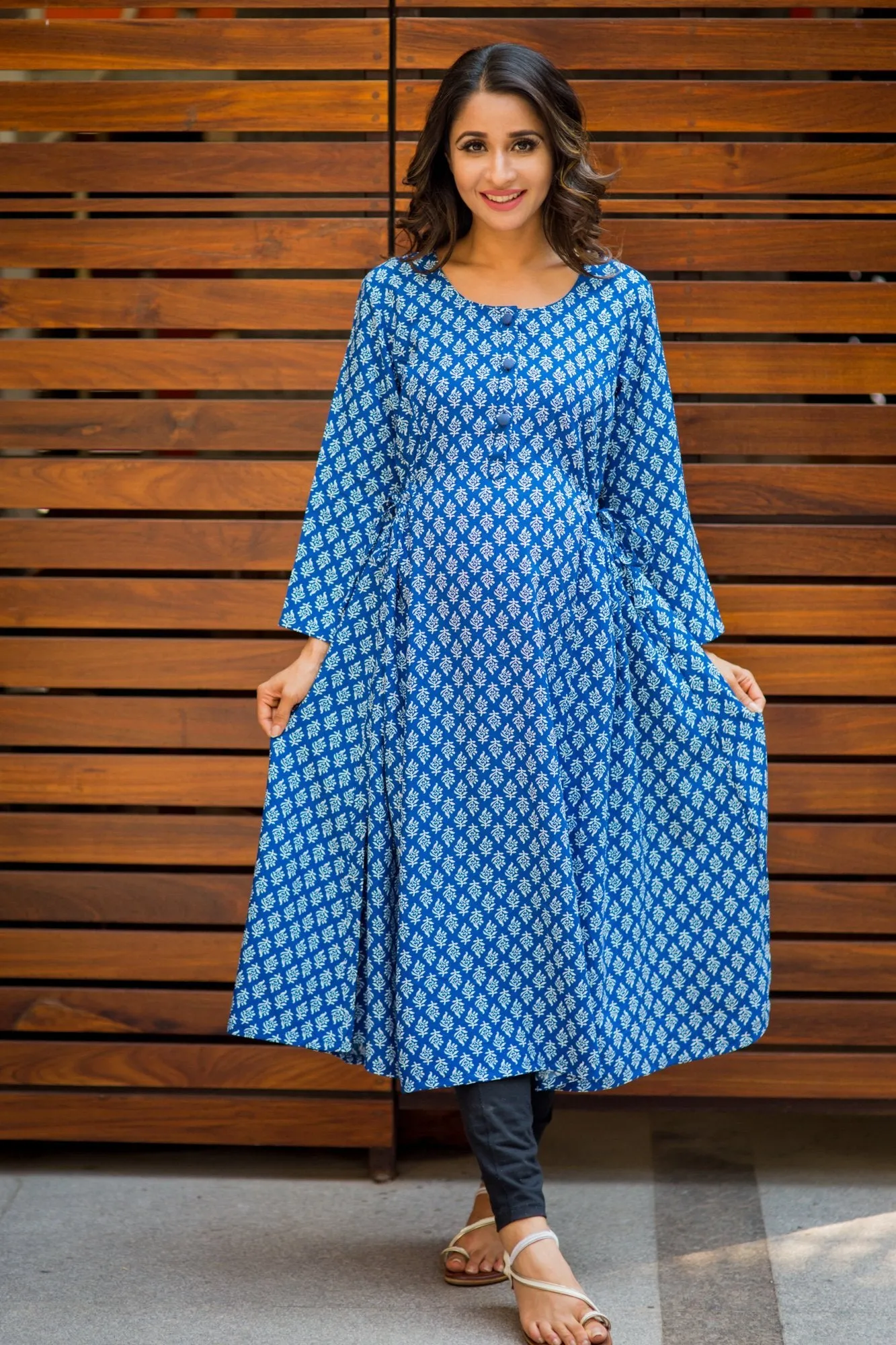 Royal Blue Block Print Maternity & Nursing Kurta