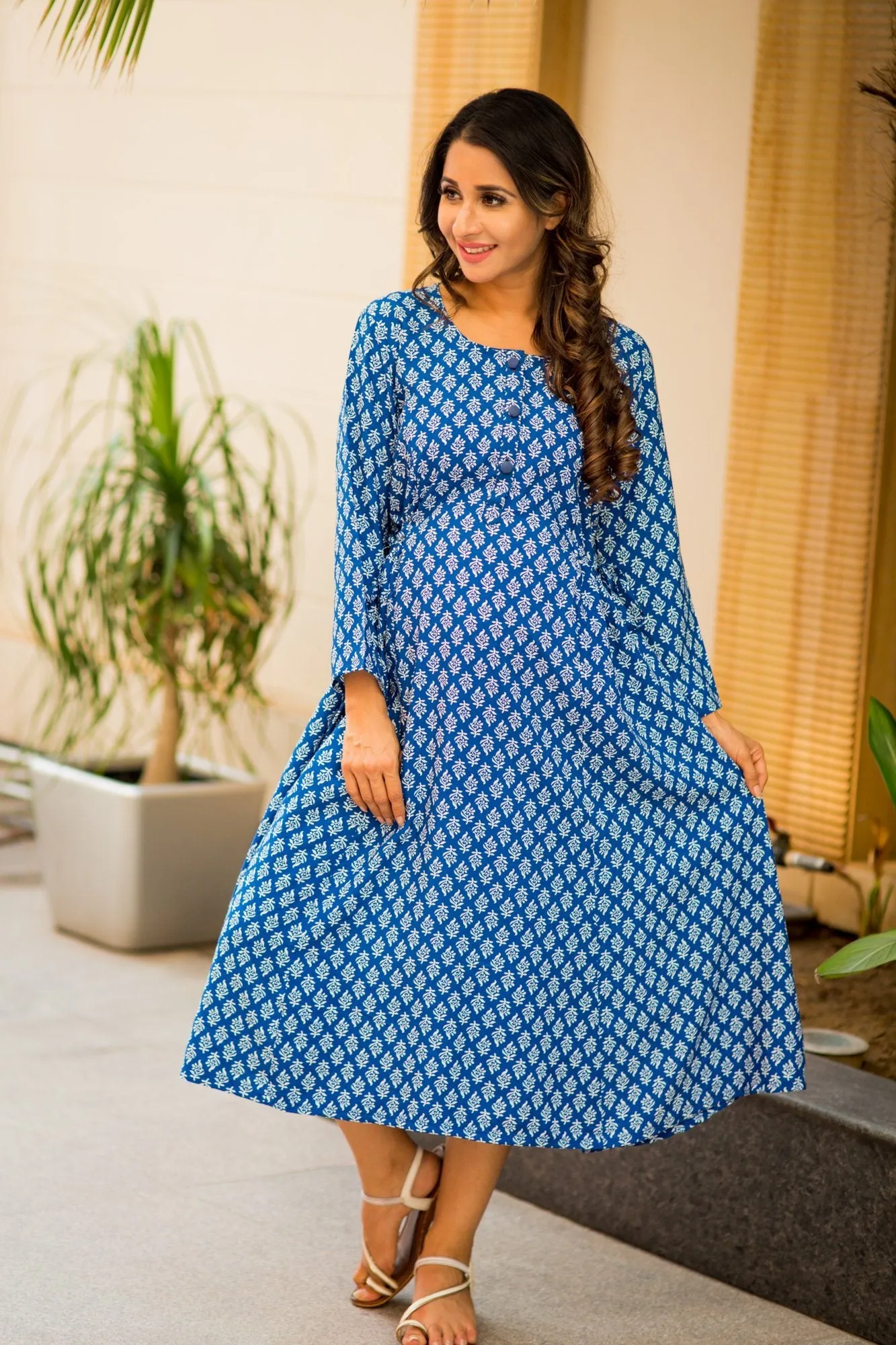 Royal Blue Block Print Maternity & Nursing Kurta