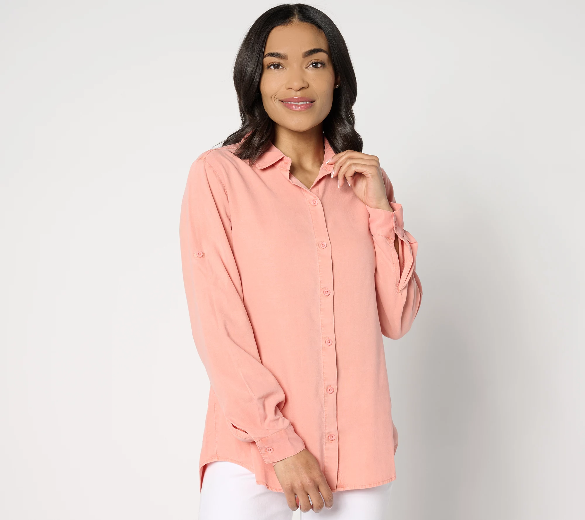 Side Stitch Button-Down Roll-Tab Tunic