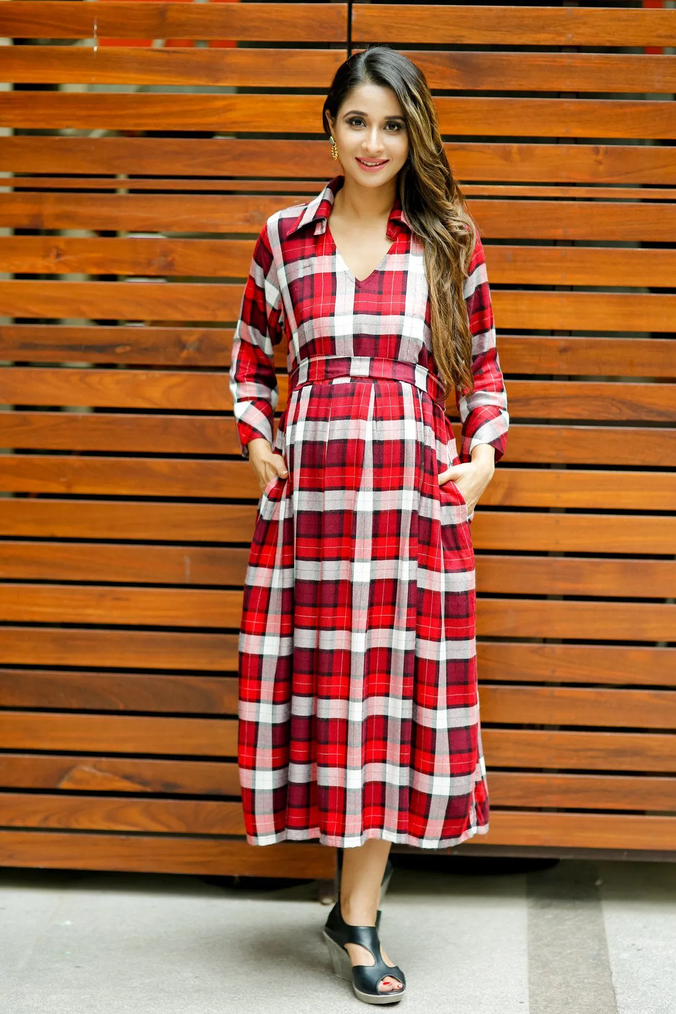 Slick Red Plaid Maternity & Nursing Button Dress