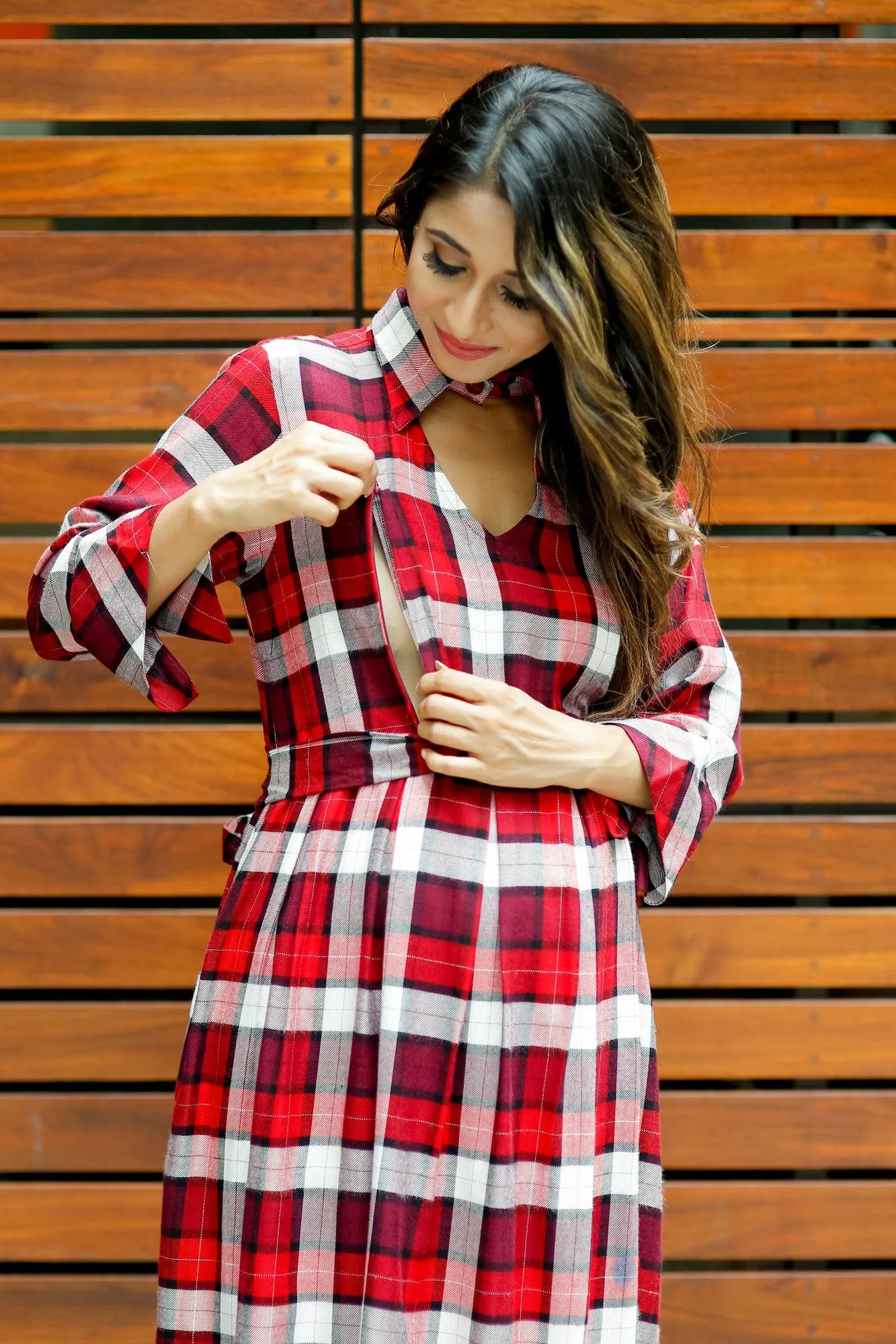 Slick Red Plaid Maternity & Nursing Button Dress