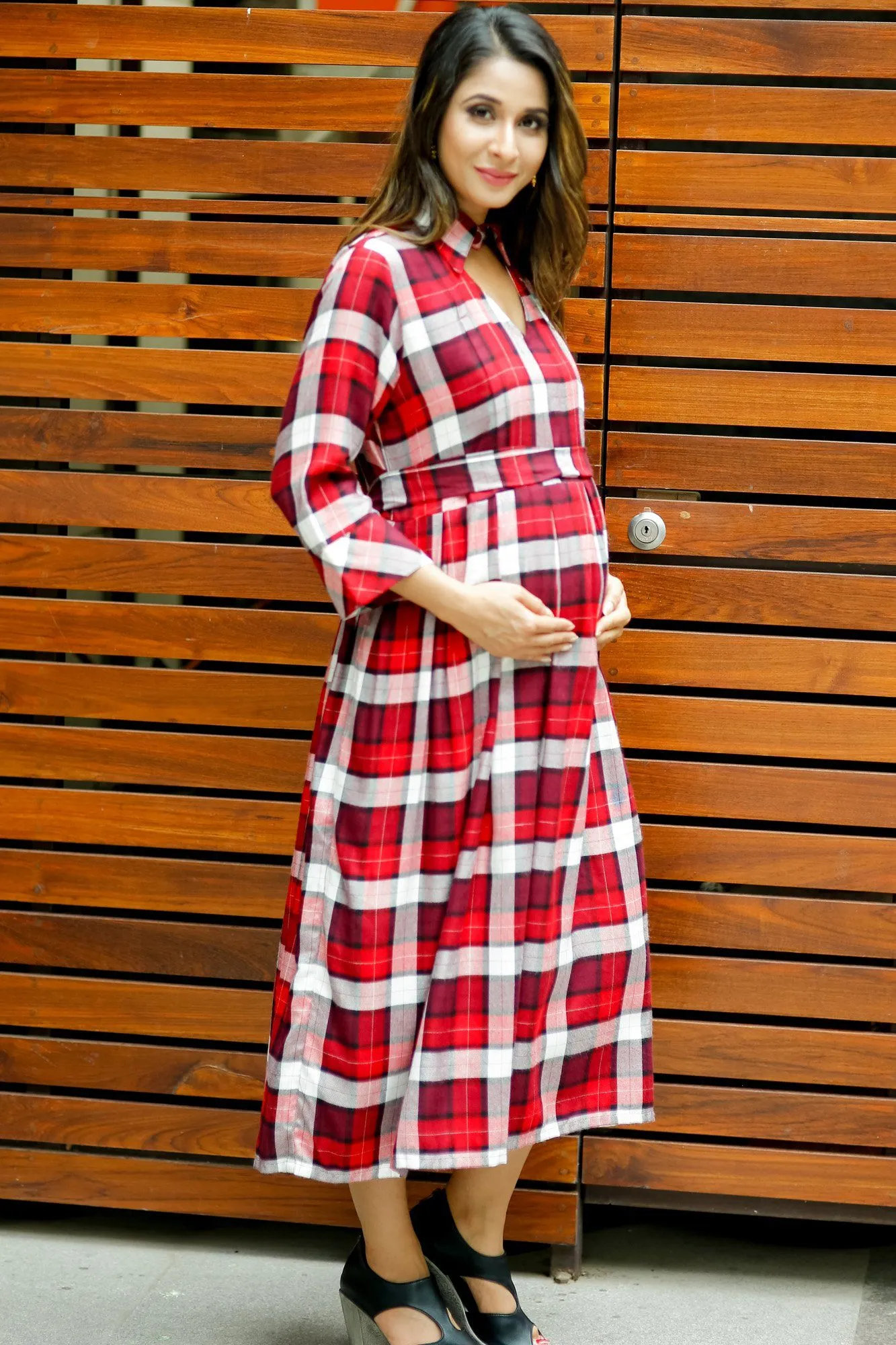 Slick Red Plaid Maternity & Nursing Button Dress