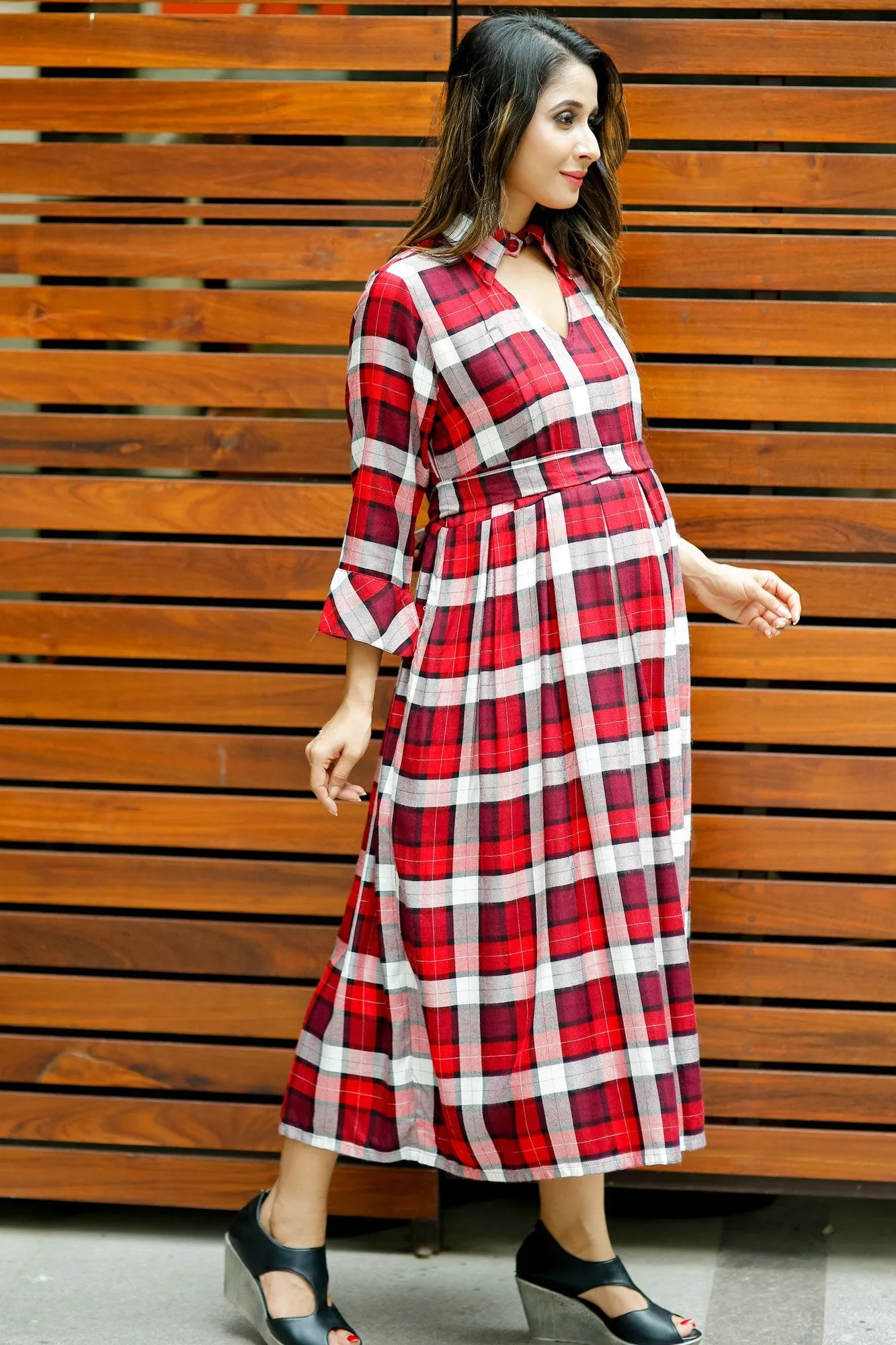 Slick Red Plaid Maternity & Nursing Button Dress