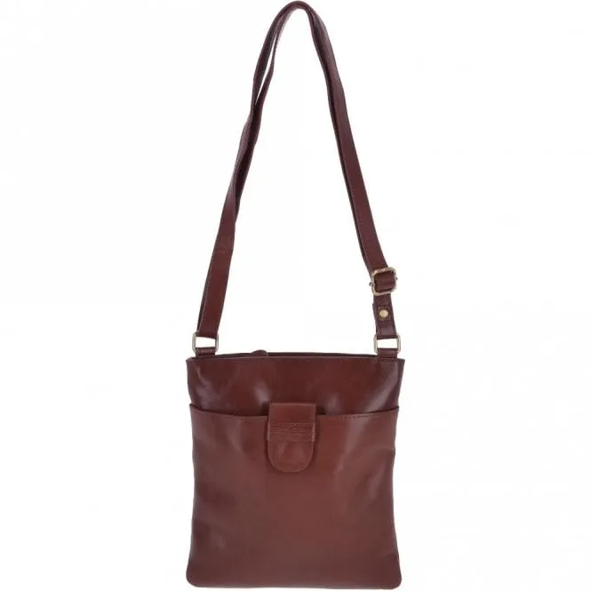 Small Zip Top Vegetable Tanned Leather Cross Body Bag Chestnut : V-20