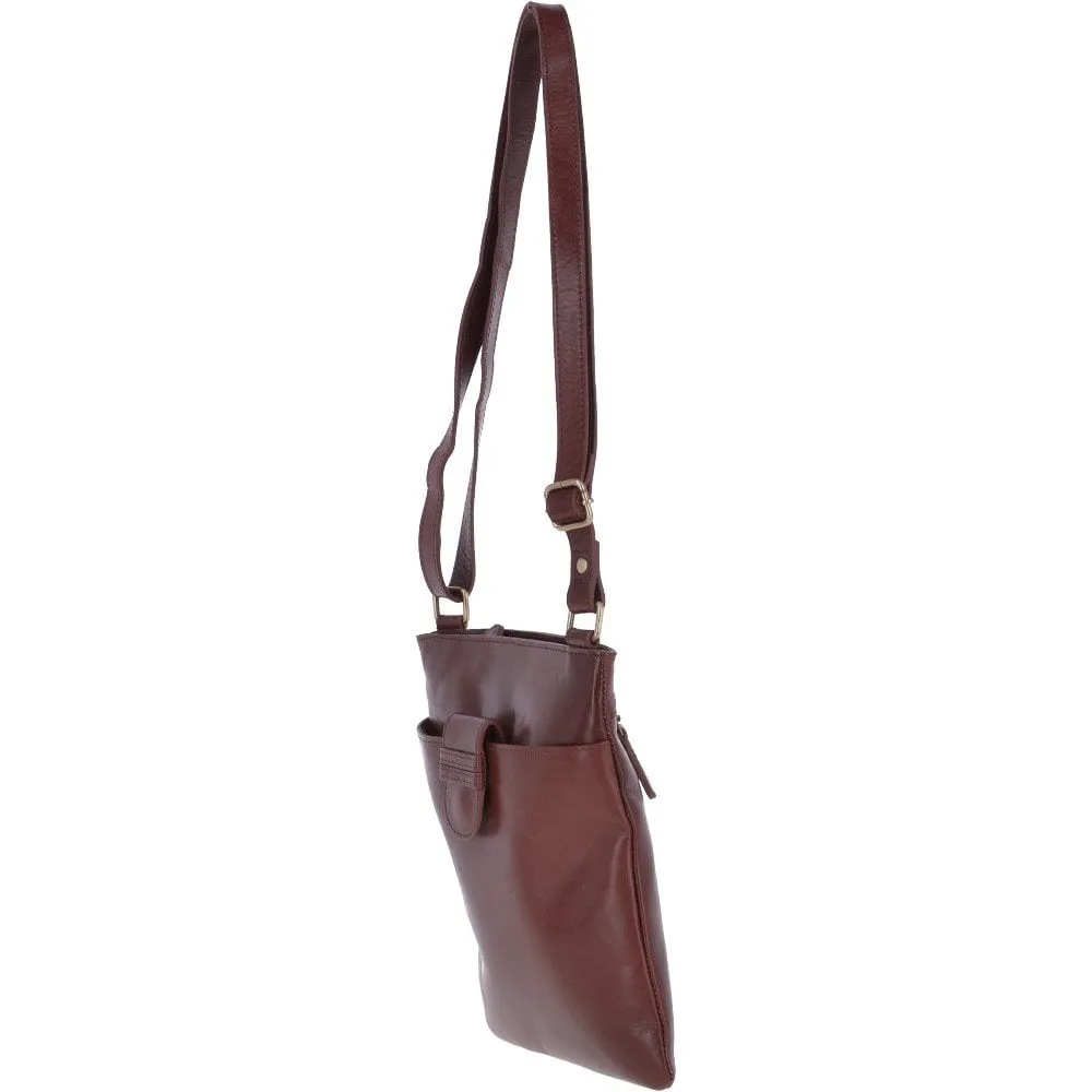 Small Zip Top Vegetable Tanned Leather Cross Body Bag Chestnut : V-20