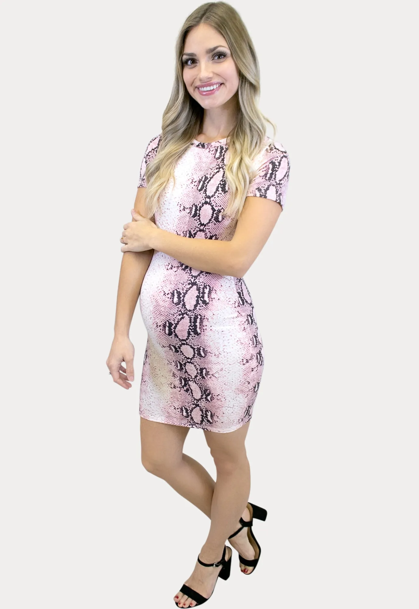 Snake Print Bodycon Maternity Dress in Pink