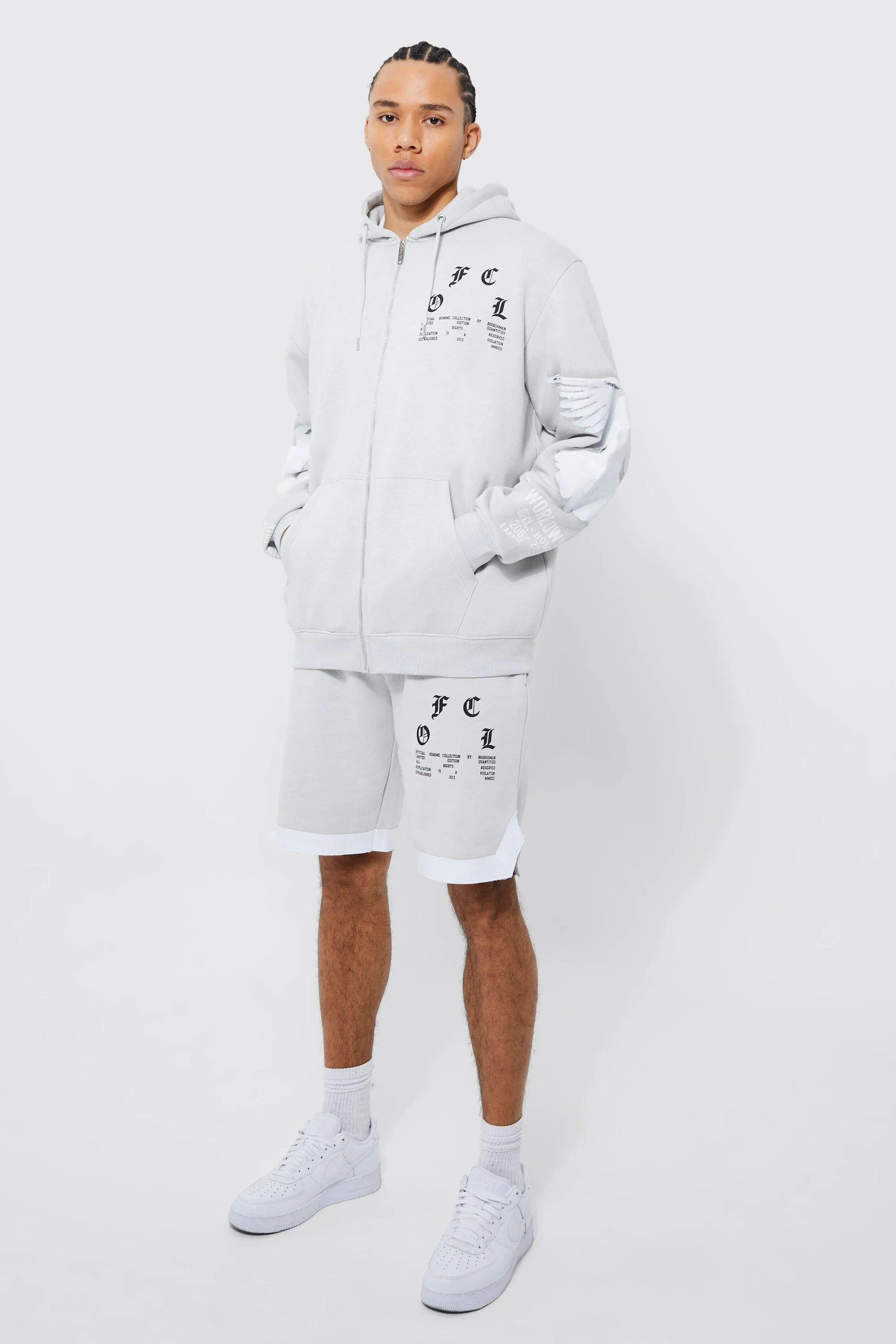 Tall Dove Graphic Zip Through Short Tracksuit | boohooMAN UK