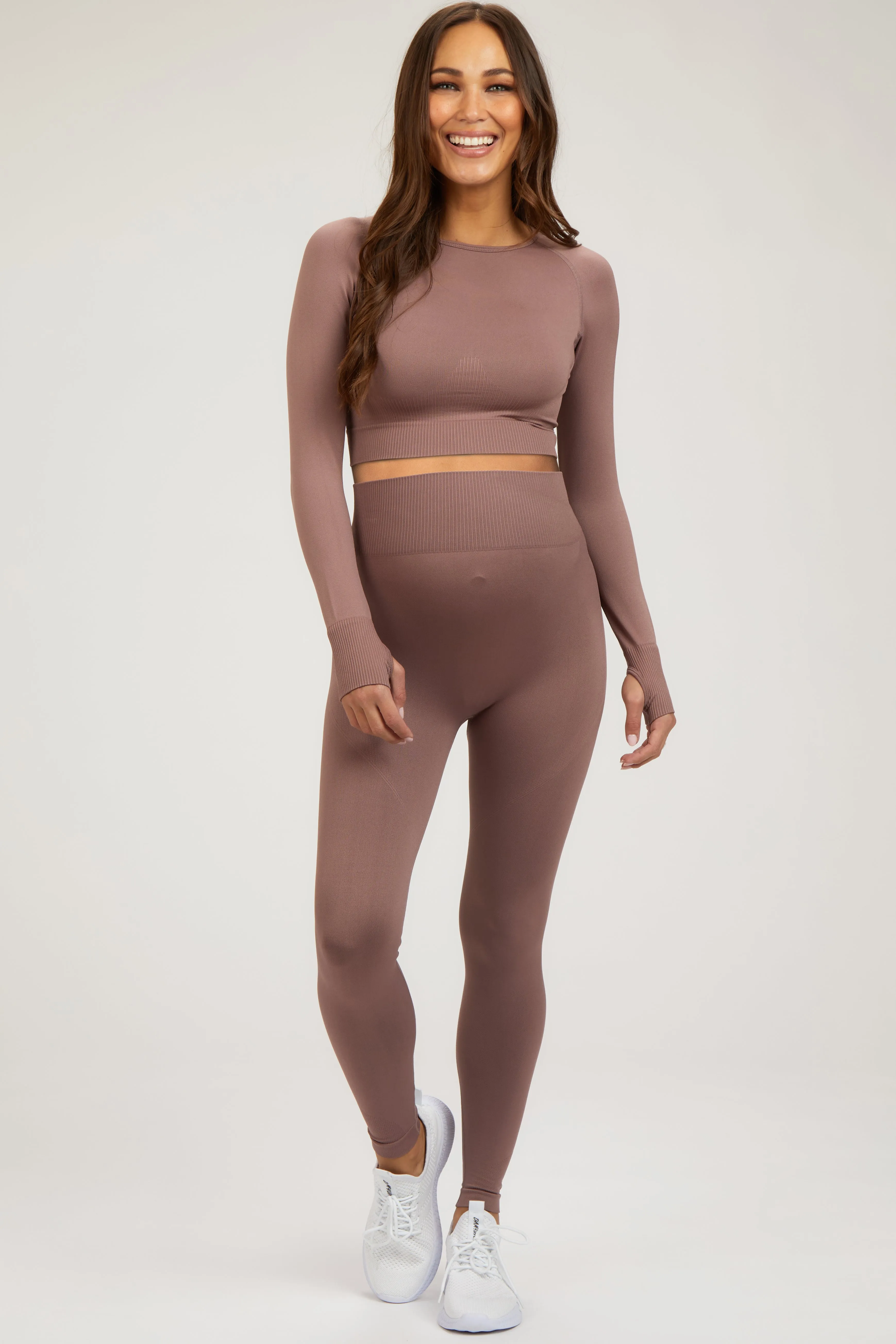 Taupe Cropped Long Sleeve Maternity Active Set