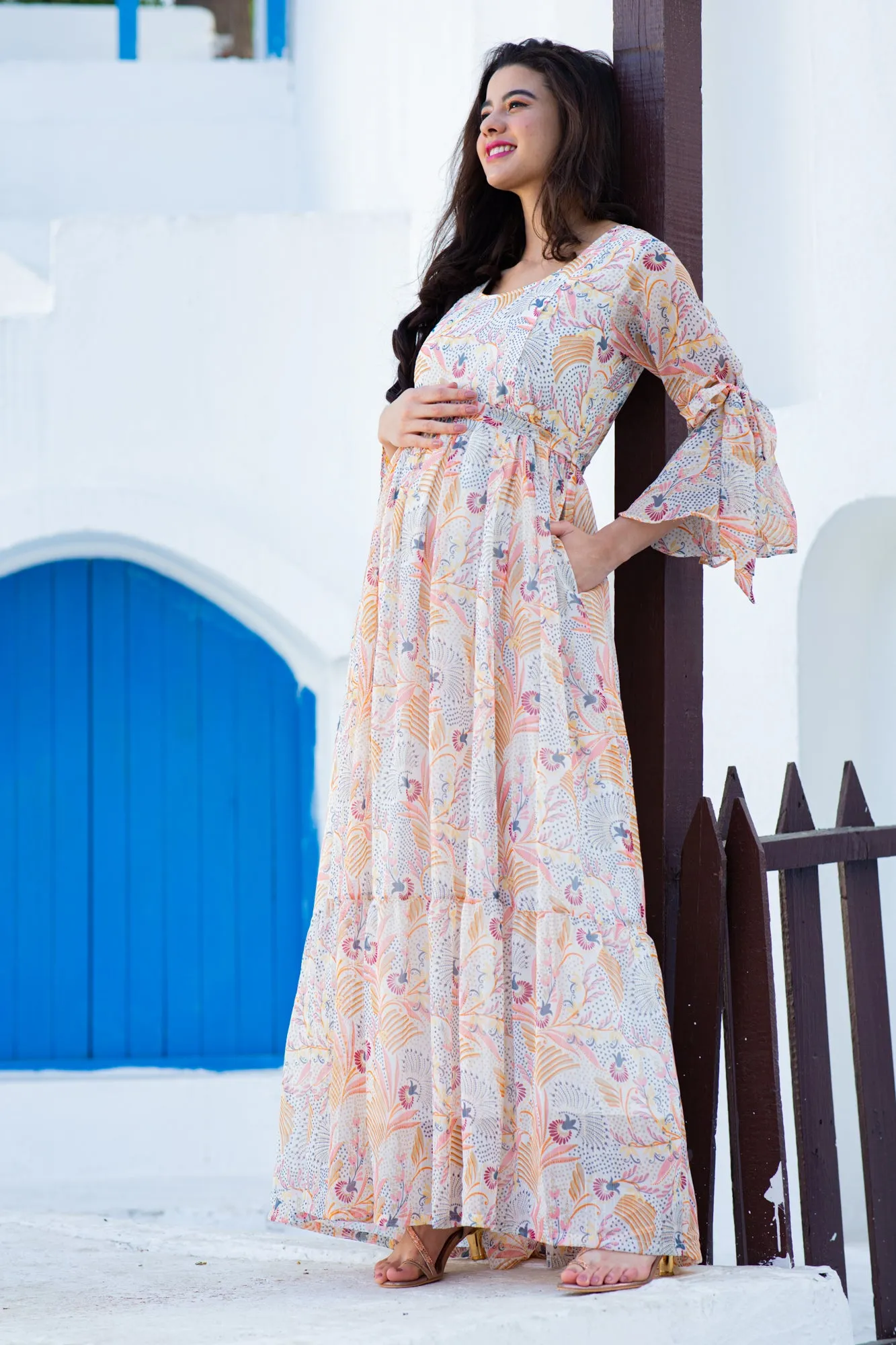 Tropical Cream Maternity & Nursing Frill Dress