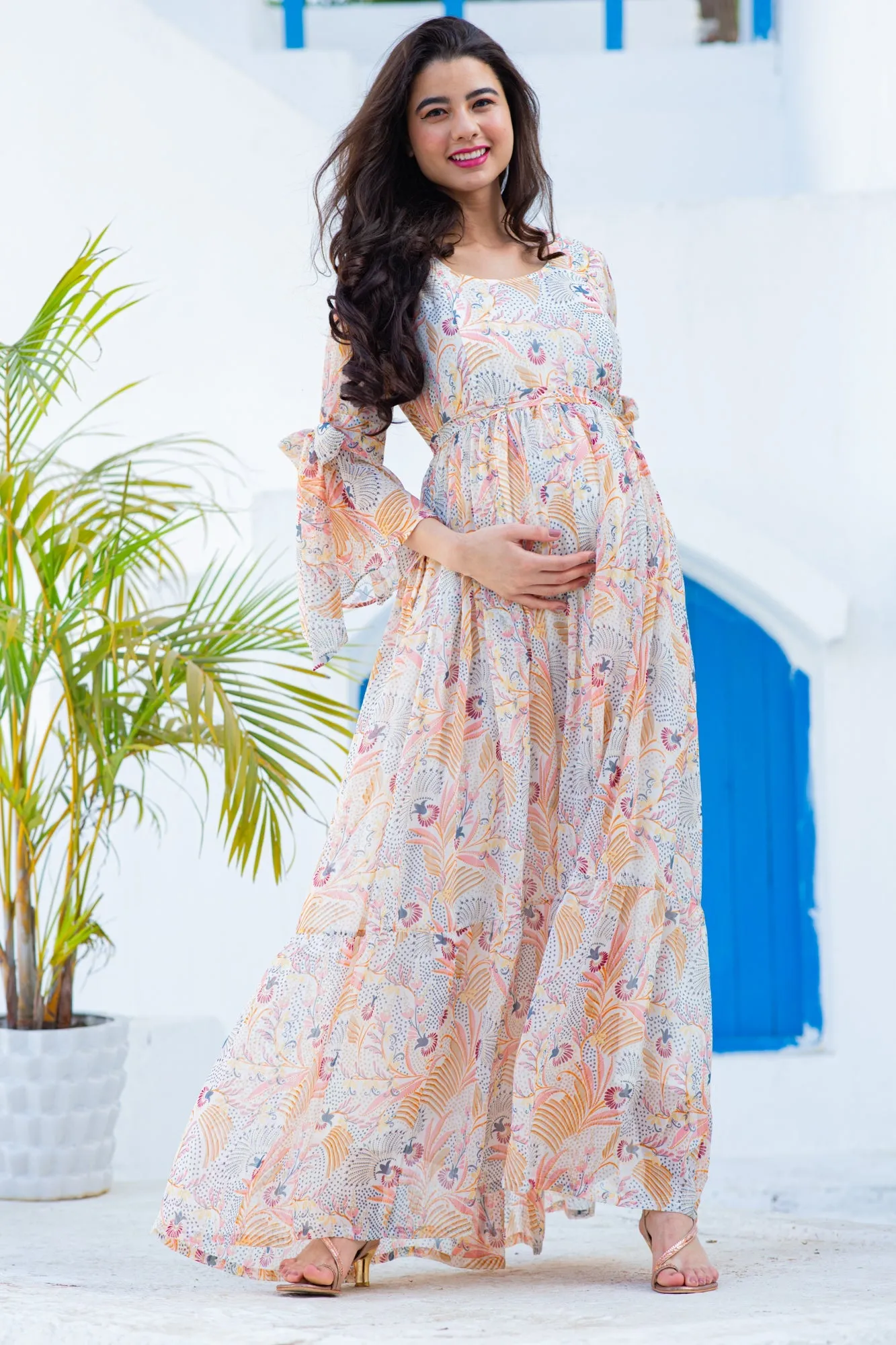 Tropical Cream Maternity & Nursing Frill Dress