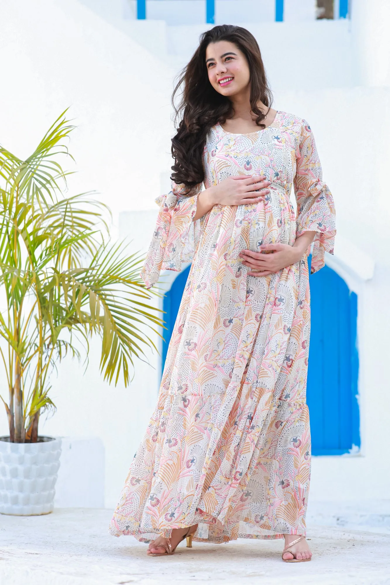 Tropical Cream Maternity & Nursing Frill Dress