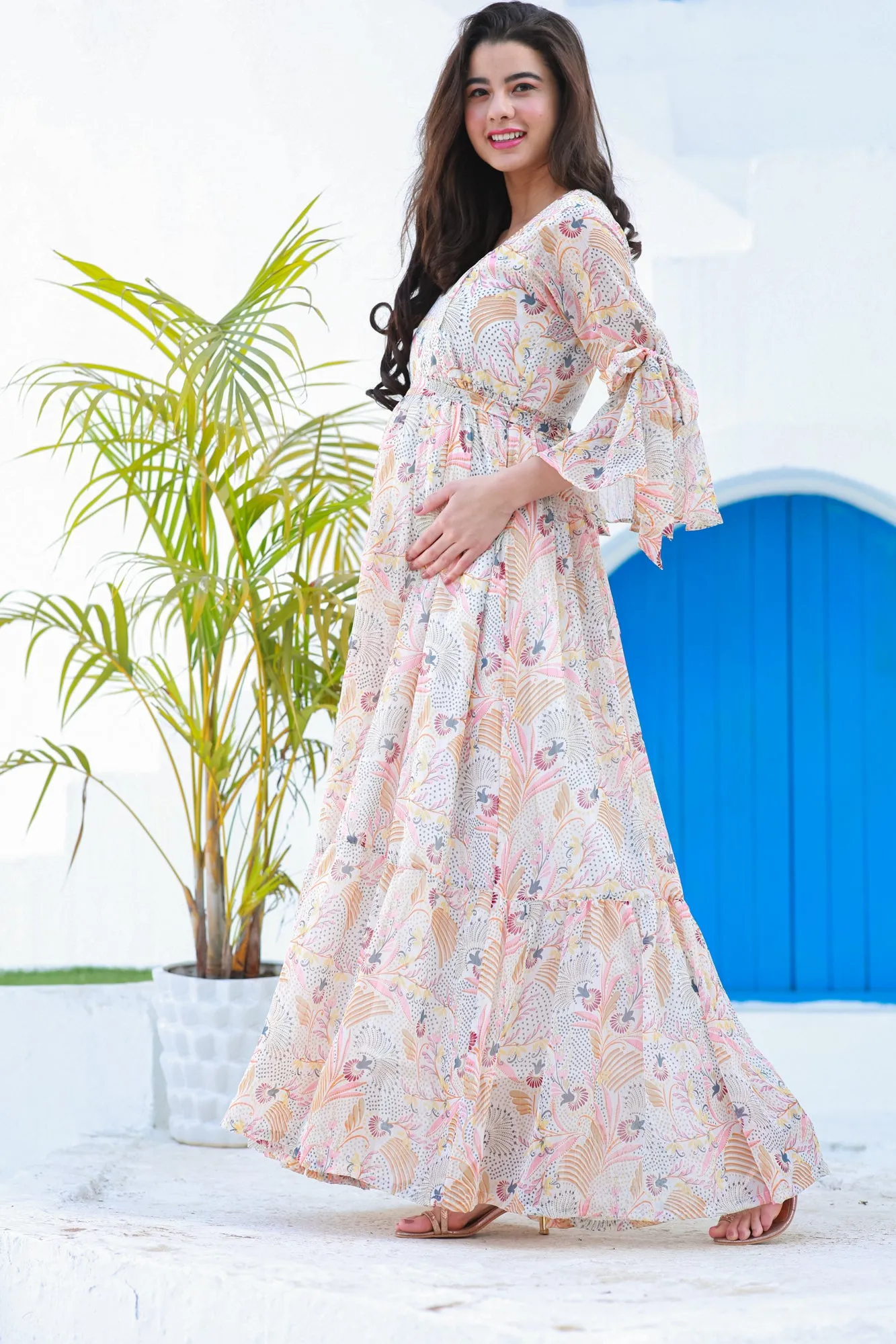 Tropical Cream Maternity & Nursing Frill Dress