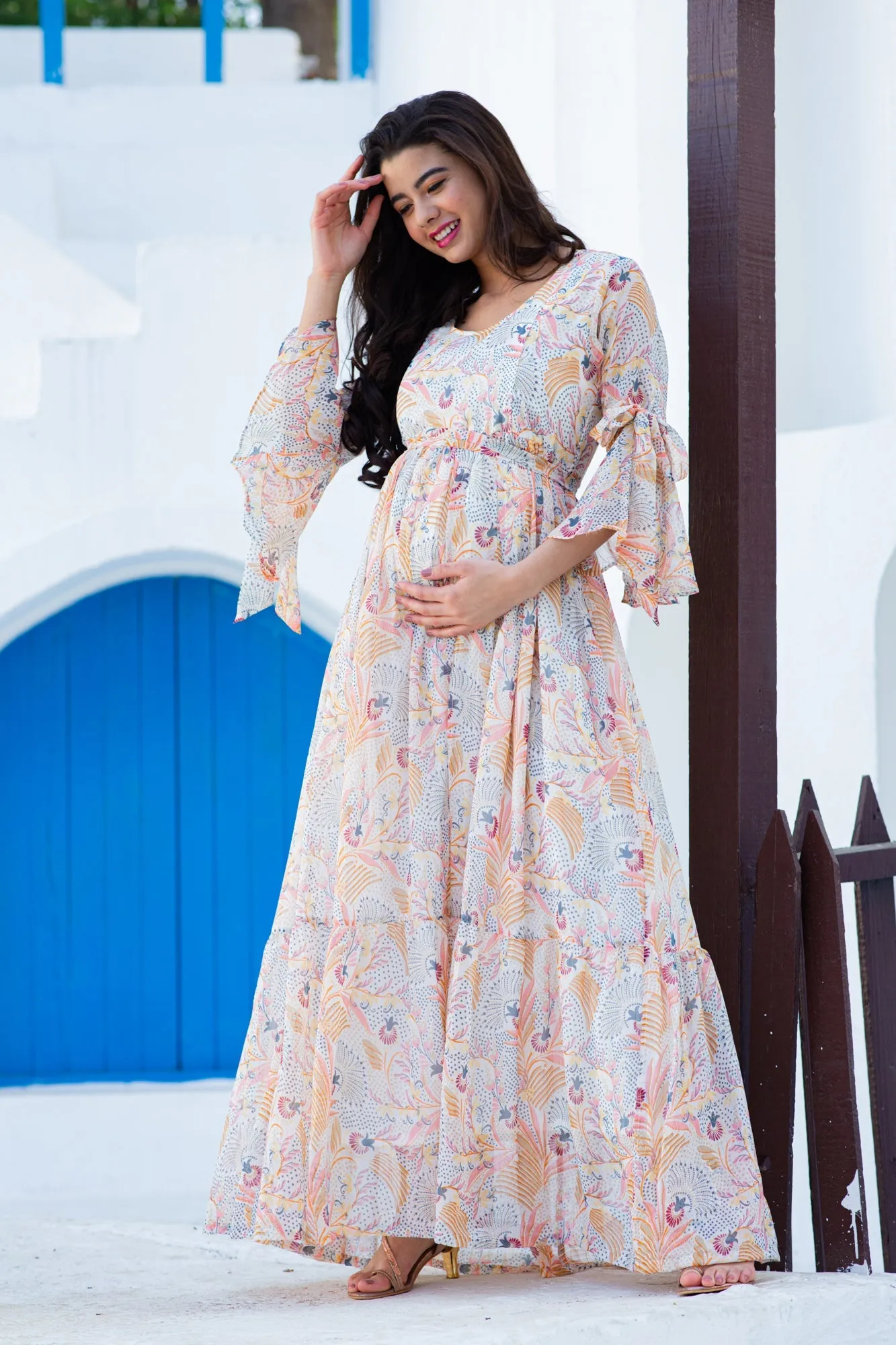 Tropical Cream Maternity & Nursing Frill Dress