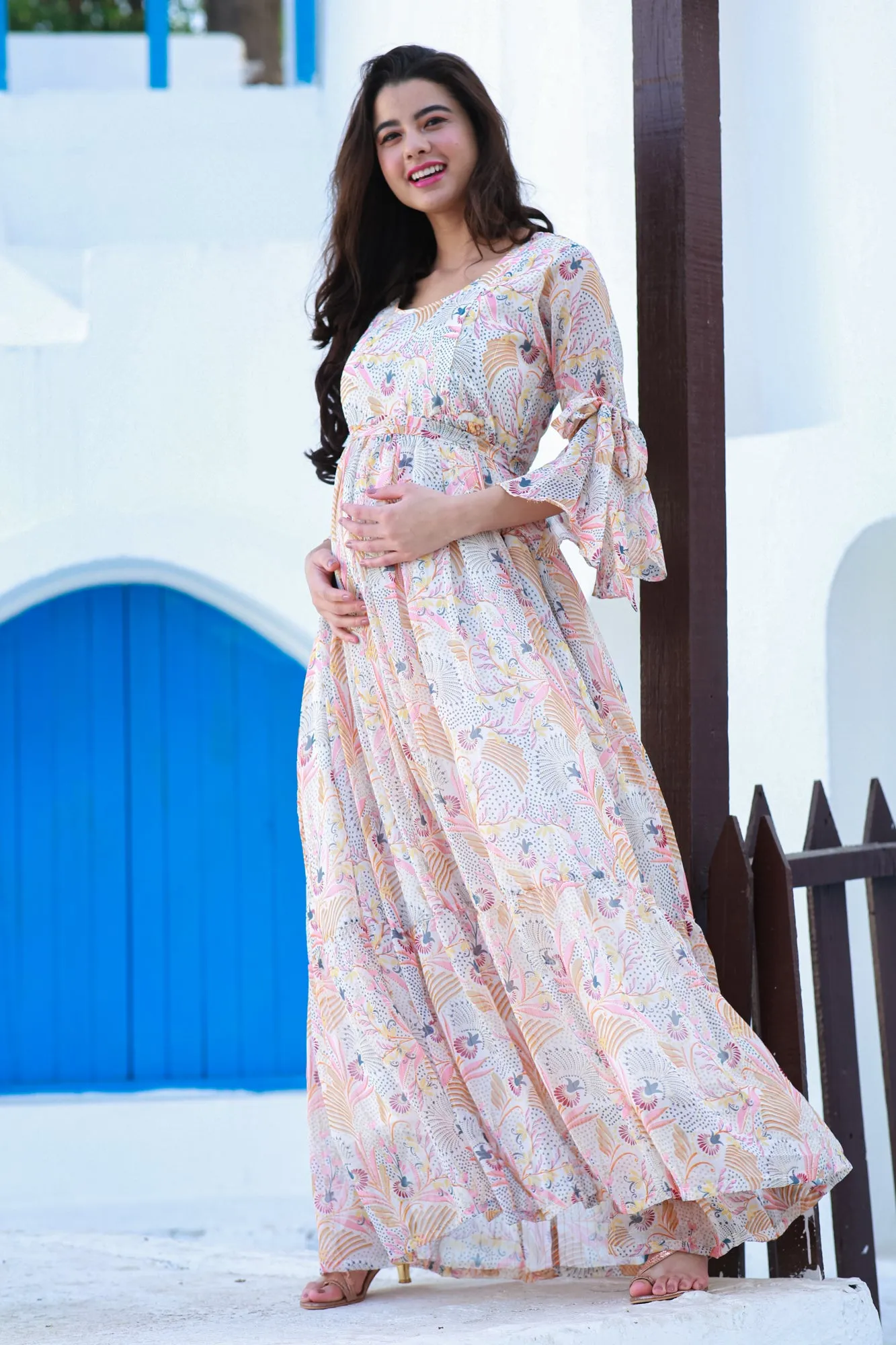 Tropical Cream Maternity & Nursing Frill Dress