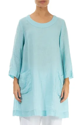 Two Pockets Ice Blue Gauze Linen Tunic