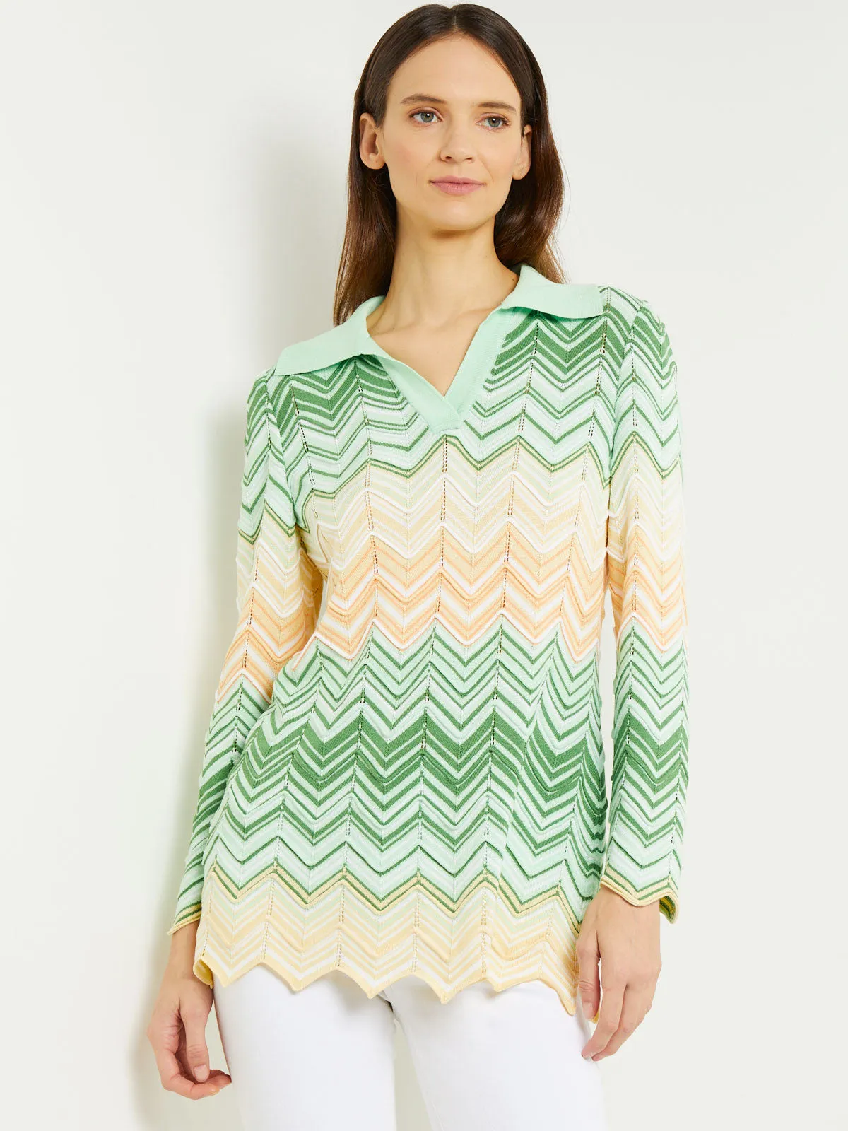 V-Neck Collared Tunic - Chevron Pointelle Soft Knit