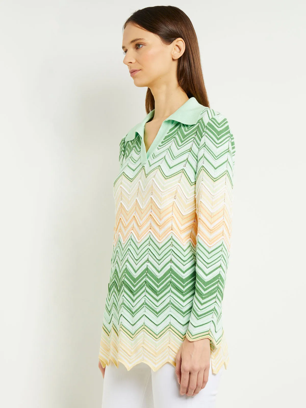 V-Neck Collared Tunic - Chevron Pointelle Soft Knit