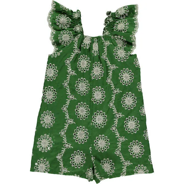 Vignette Madigan Eyelet Scalloped Trim Ruffle Sleeve Romper, Green