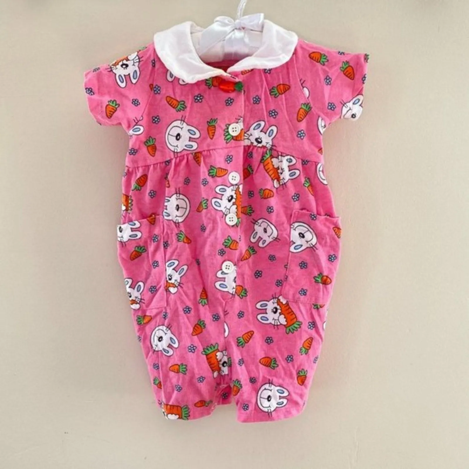 Vintage Kids N' Fun Pink Bunny Shortall Romper 12 Months