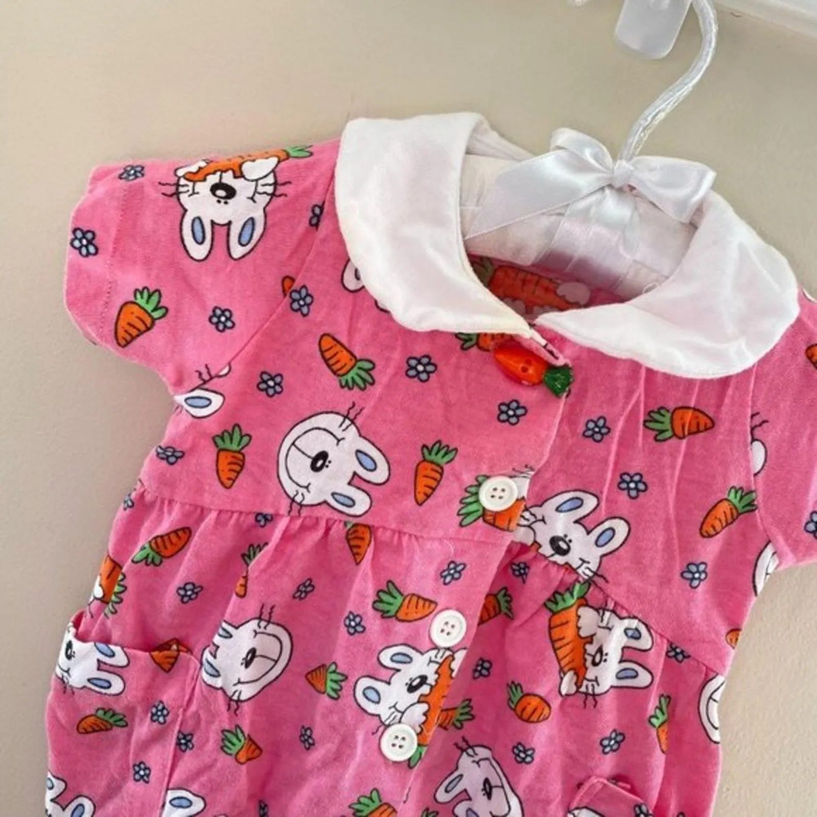 Vintage Kids N' Fun Pink Bunny Shortall Romper 12 Months