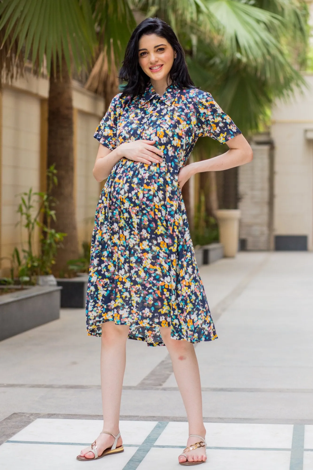 Vivid Sprinkle Maternity & Nursing Collar Dress