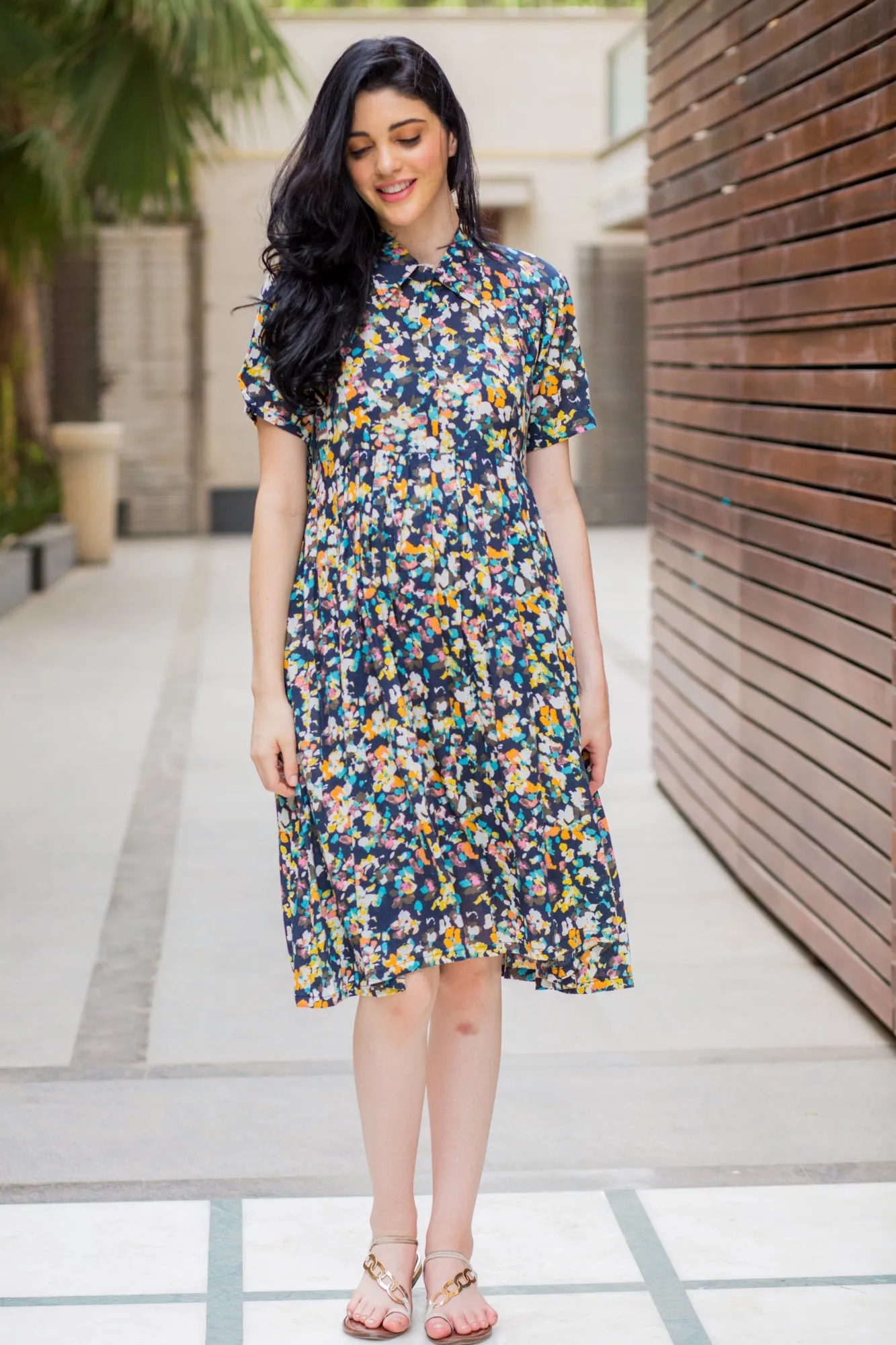 Vivid Sprinkle Maternity & Nursing Collar Dress