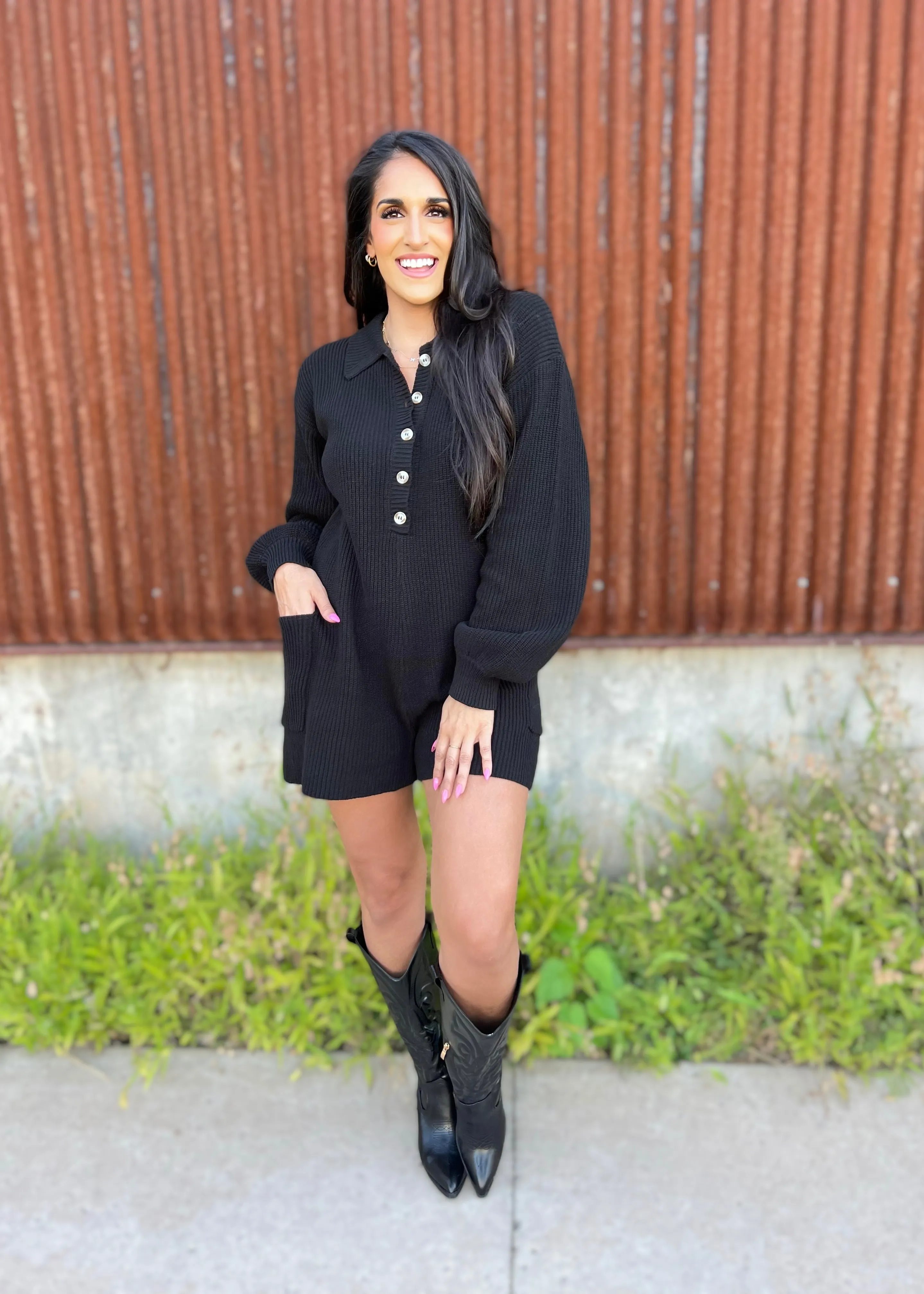 Weekend Wonder Black Knit Button Up Romper