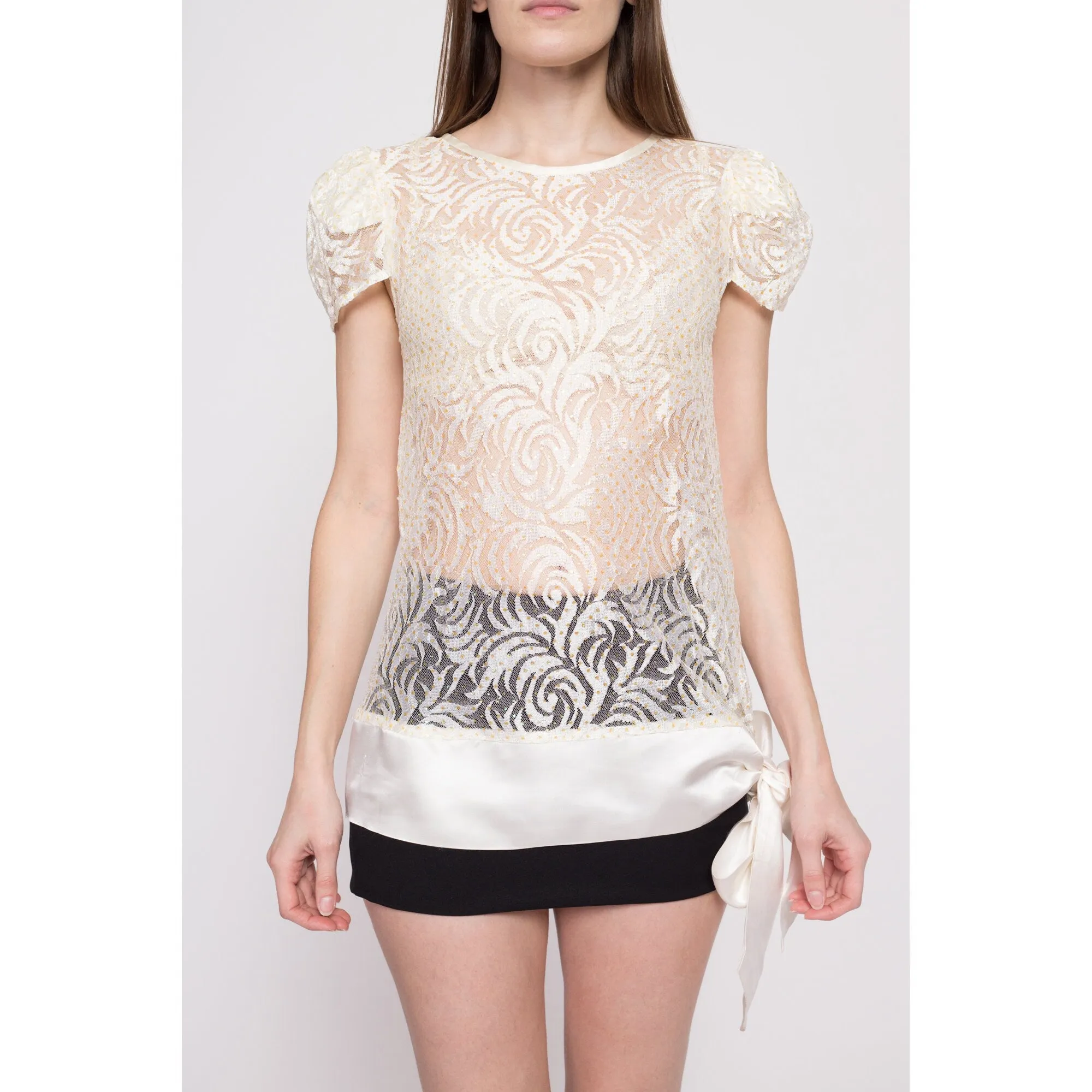 Y2K White Lace Satin Bow Tunic Top - Small