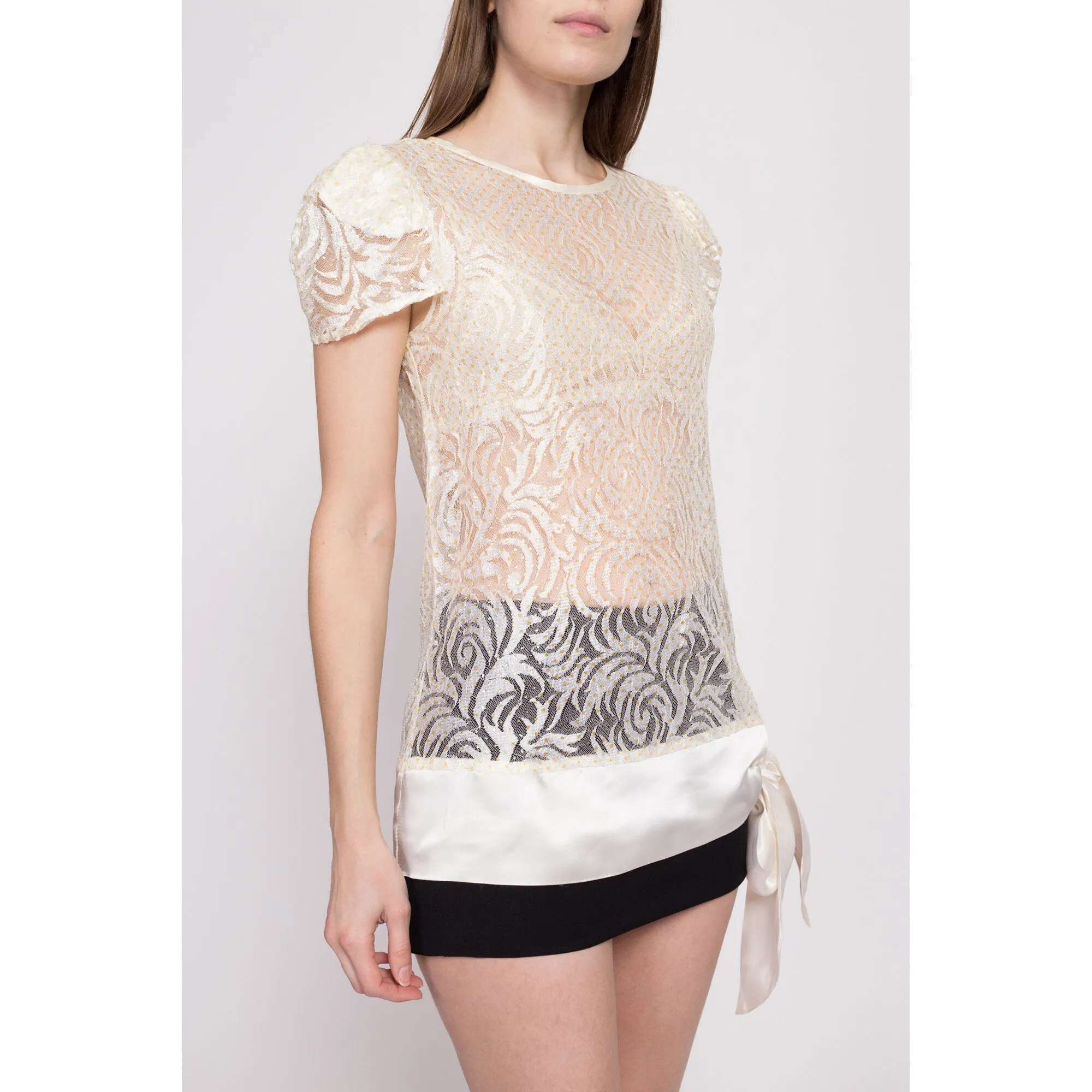 Y2K White Lace Satin Bow Tunic Top - Small