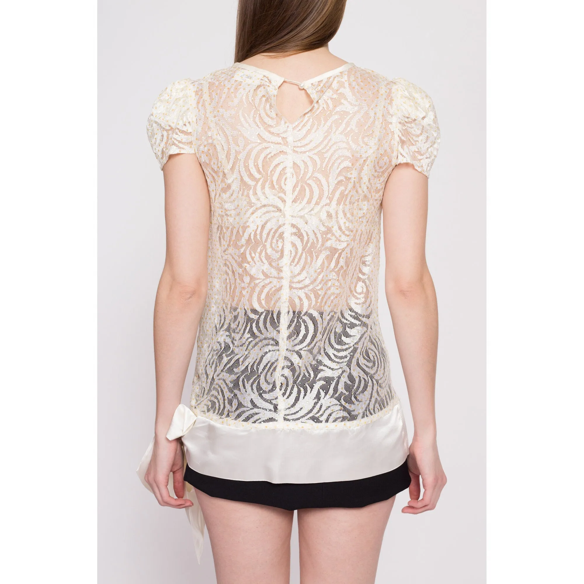 Y2K White Lace Satin Bow Tunic Top - Small