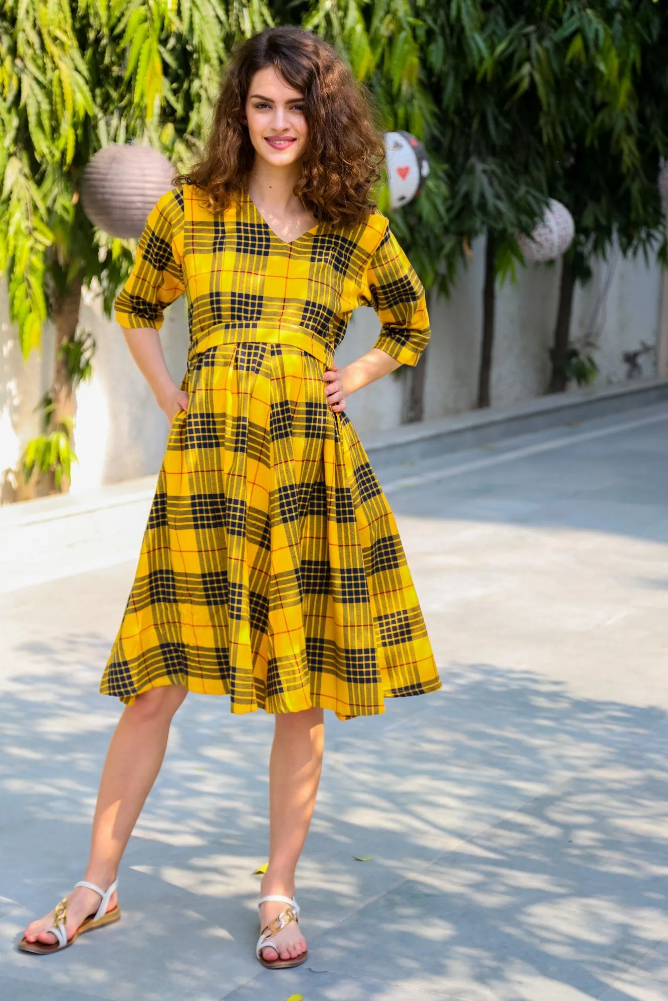 Yellow Chestnut Plaid Maternity & Nursing Dress