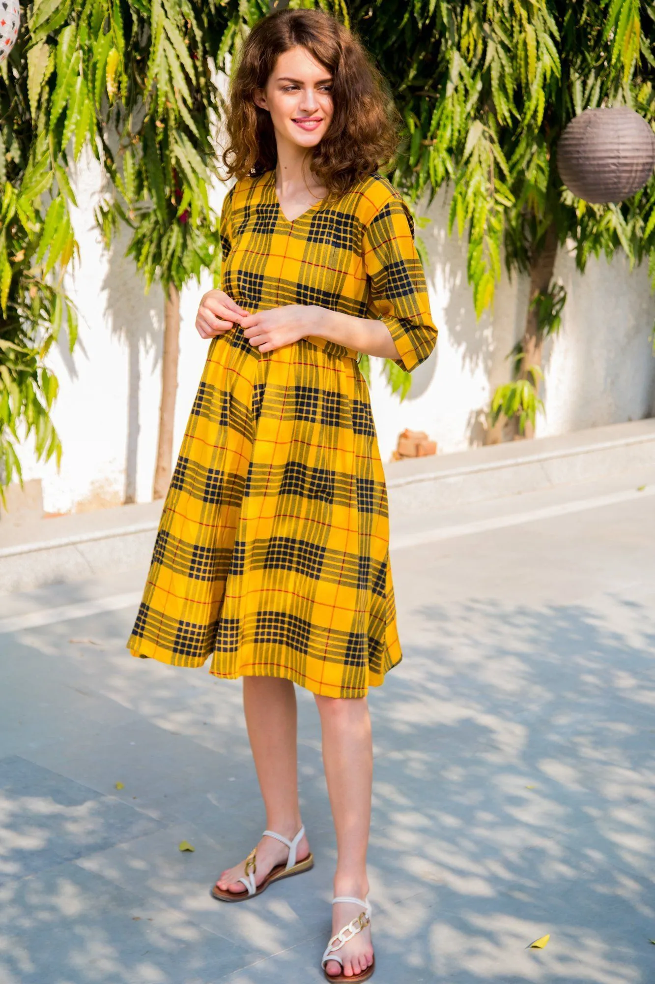 Yellow Chestnut Plaid Maternity & Nursing Dress